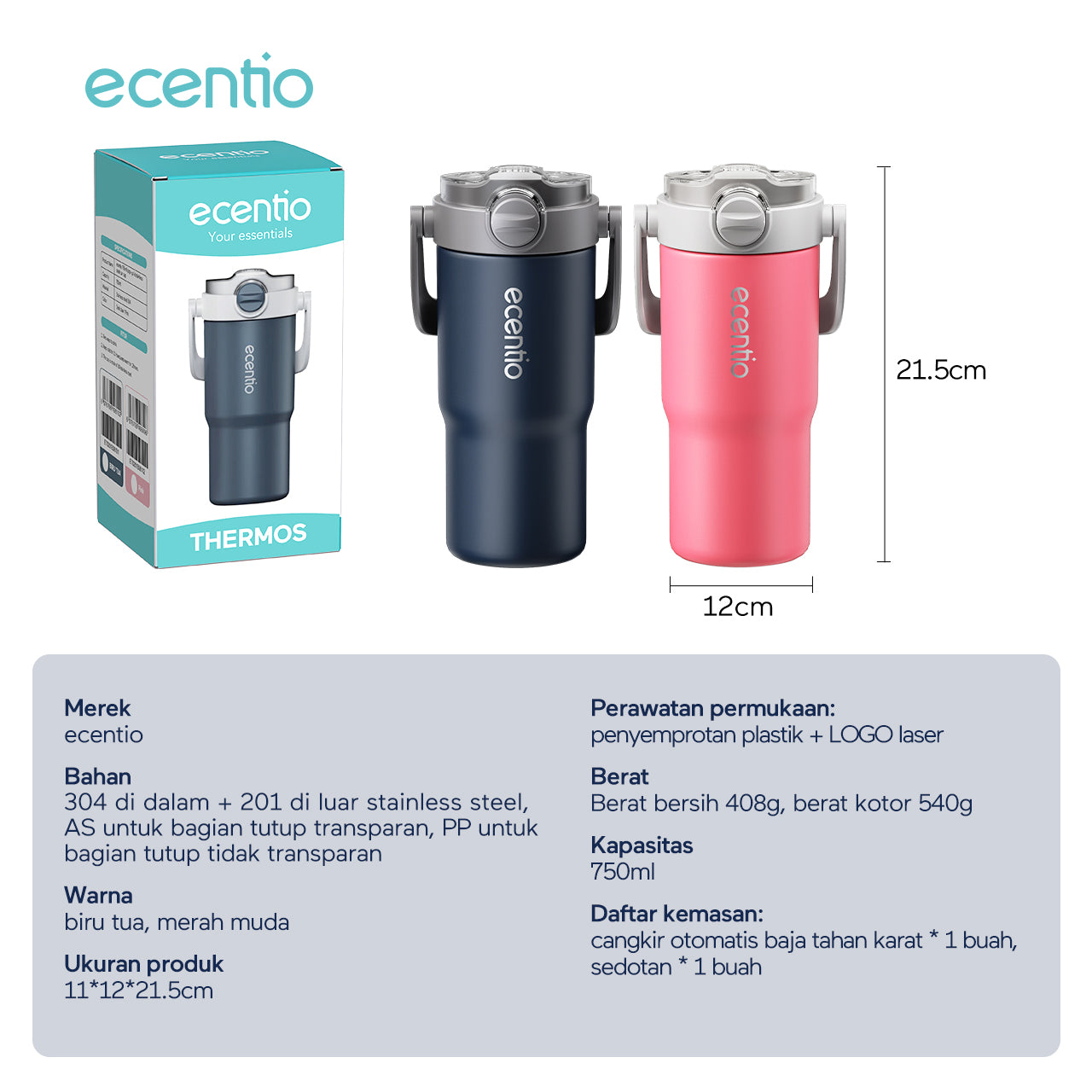 【99K】ecentio tumbler Stainless Vacuum 750ml Portable Tutup yang mudah dibuka Thermos Botol minum besar