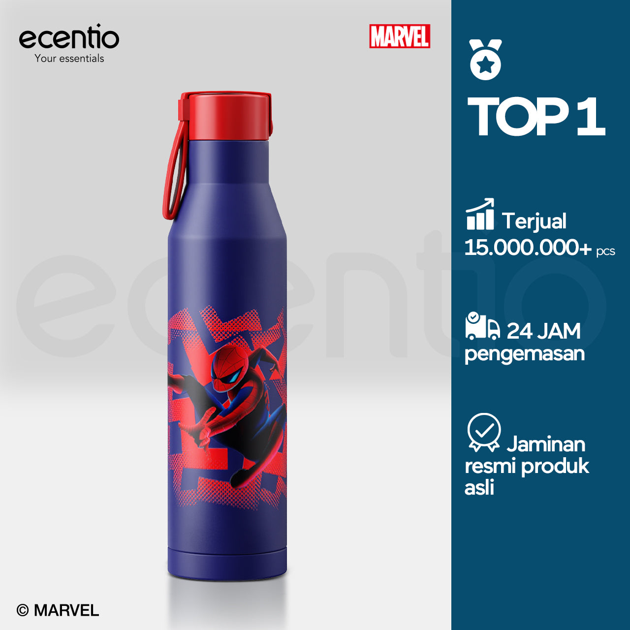 【Disney Spider-Man Series】ecentio Botol Minum Stainless Steel 1000ml | Anti Bocor 360° | Tahan Dingin & Panas
