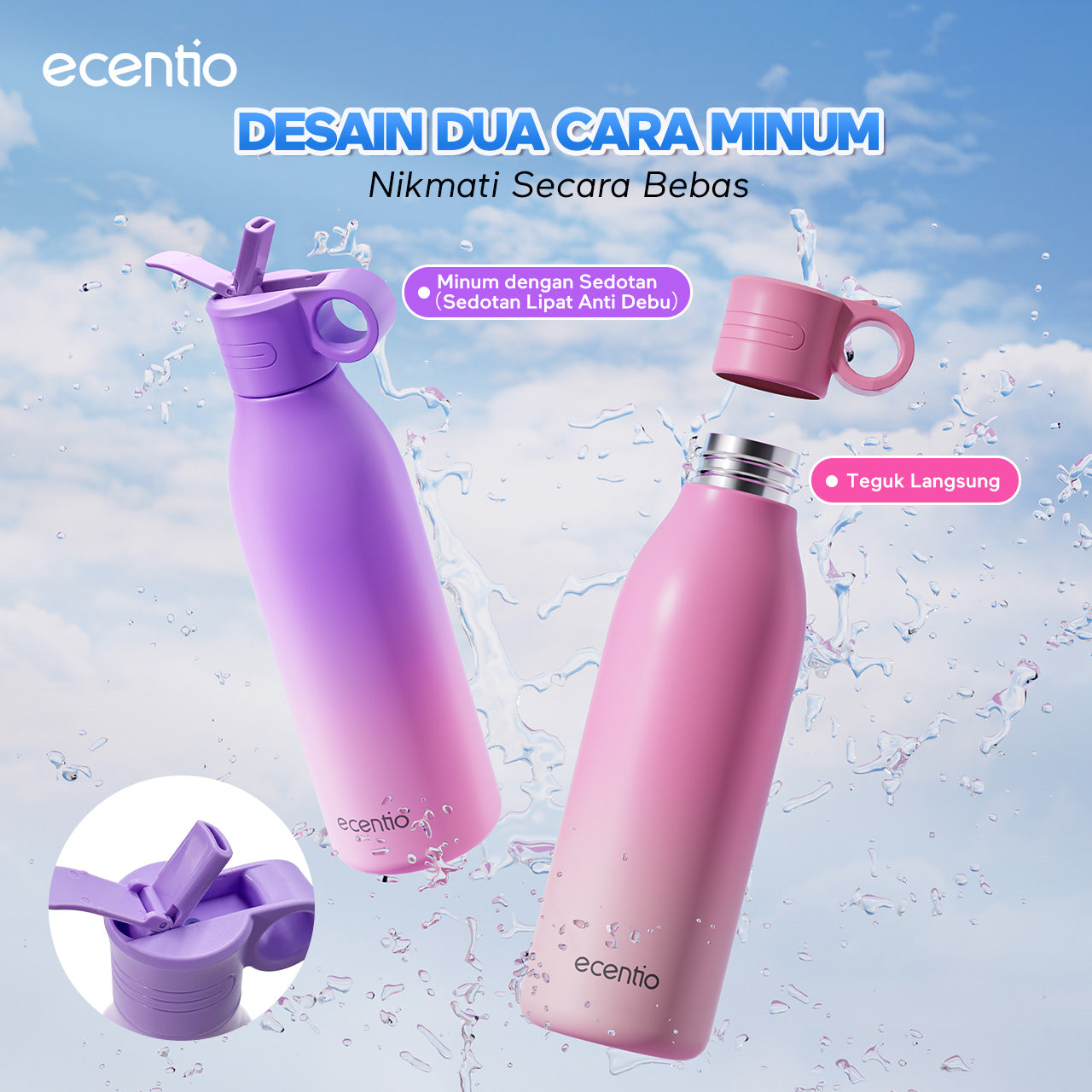 【Outdoor】ecentio outdoor bottle with handle and nozzle aktivitas outdoor tahan dingin 24 jam botol stainless portable tumblr 550ml