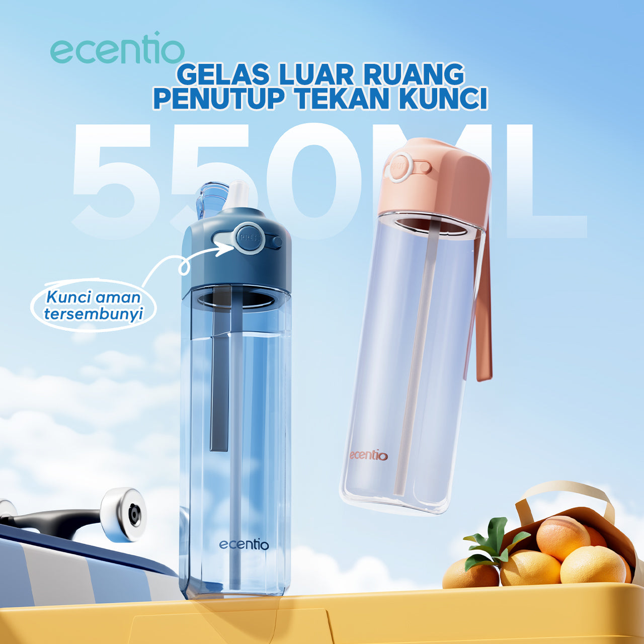 【🌟Pre-Order】ecentio botol minum 550ml Portable Botol air Anak Sport Outdoor Anti Bocor kunci aman tersembunyi Tahan Dingin Panas BPA Free
