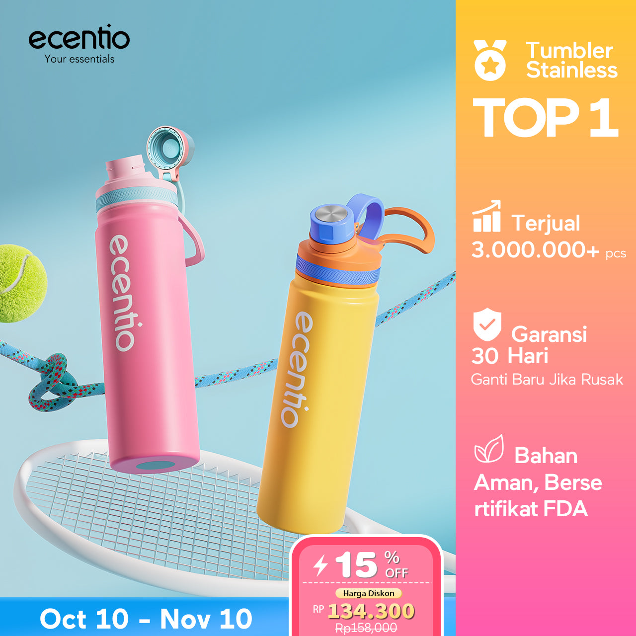 【Dopamine Sport Series】ecentio ourdoor tumbler Stainless olahraga Vacuum 800ml sport aesthetic lari Portable Tetap dingin selama 24 JAM Thermos Botol minum besar