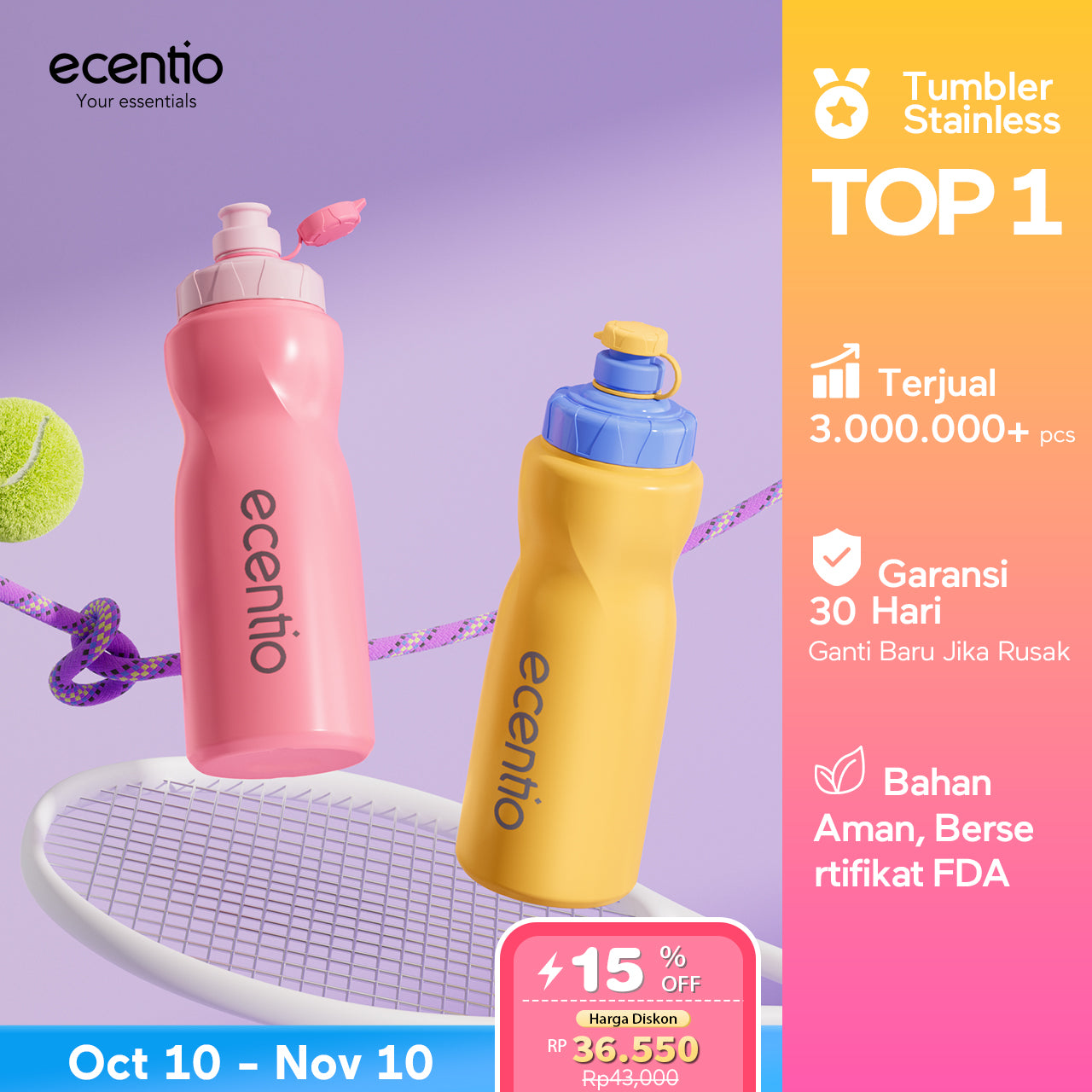 【Dopamine Sport Series】ecentio ourdoor tumbler Stainless olahraga Vacuum 800ml sport aesthetic lari Portable Tetap dingin selama 24 JAM Thermos Botol minum besar