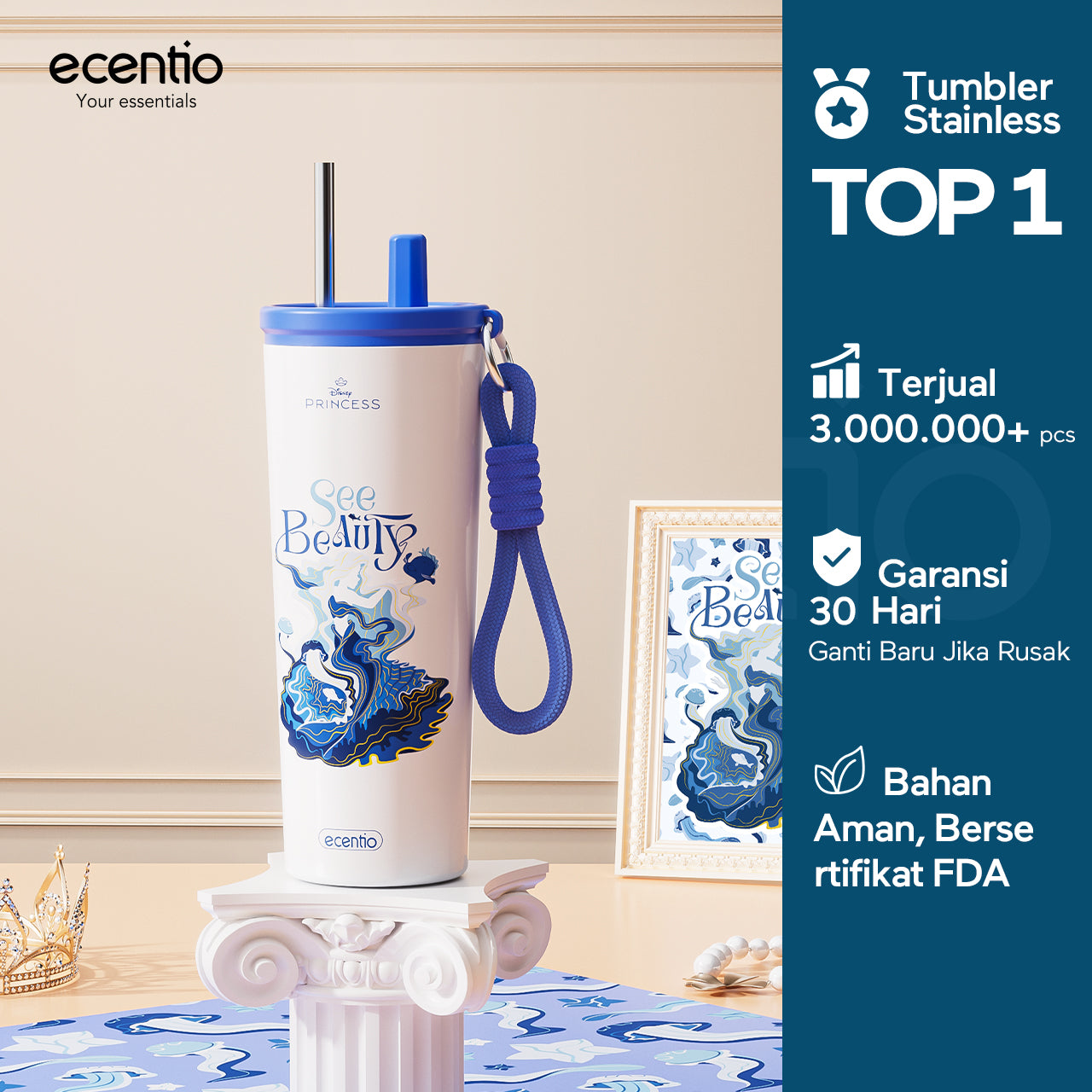 【Disney Mermaid Series】ecentio tumbler Stainless Vacuum 530ml Disney Mermaid Portable Thermos Botol minum besar