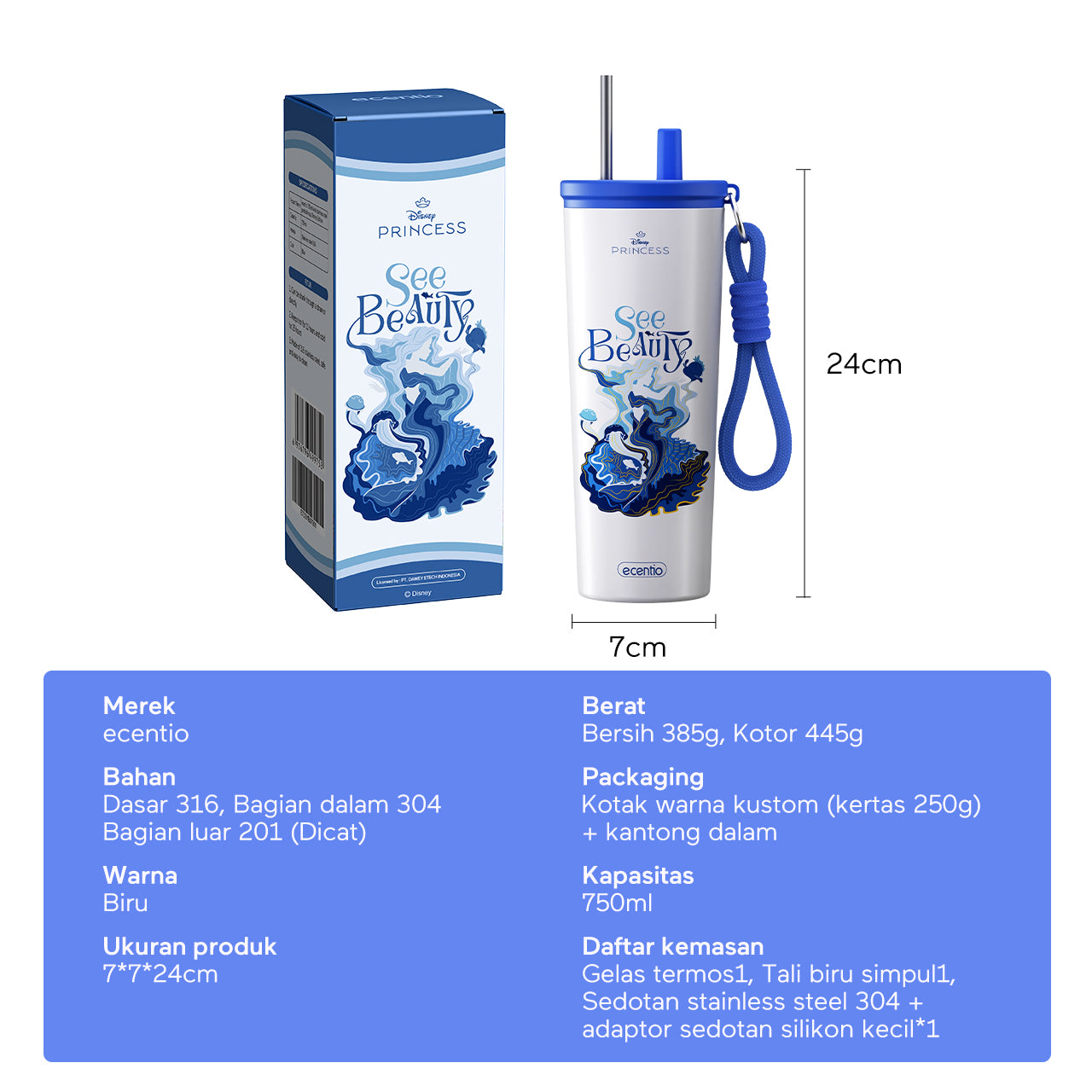 【99k】ecentio tumbler Stainless Vacuum 530ml Disney putri Duyung Portable Thermos Botol minum besar