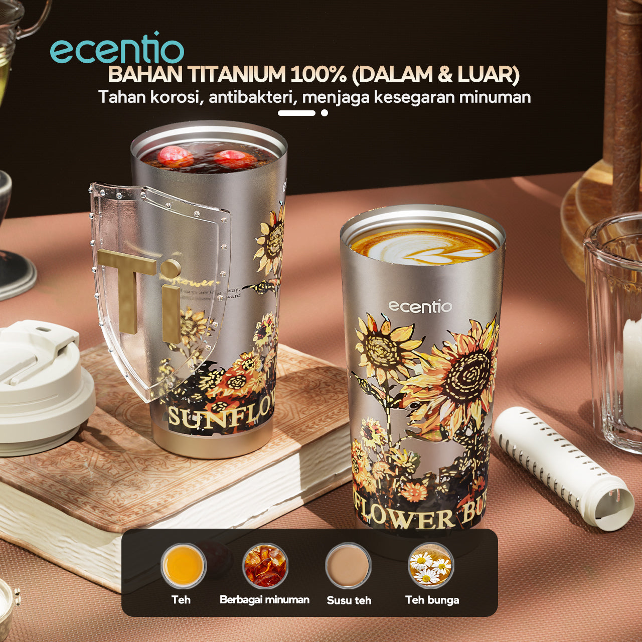 【🌟Pre-Order】ecentio Premium Double-Walled Titanium Bottle Titanium Cup 500ml — Edisi Spesial Van Gogh “Sunflower”