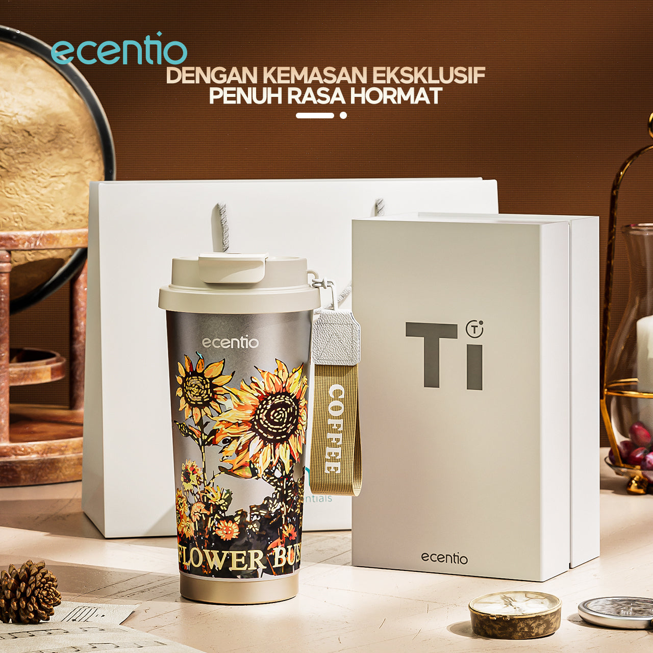 【🌟Pre-Order】ecentio Premium Double-Walled Titanium Bottle Titanium Cup 500ml — Edisi Spesial Van Gogh “Sunflower”