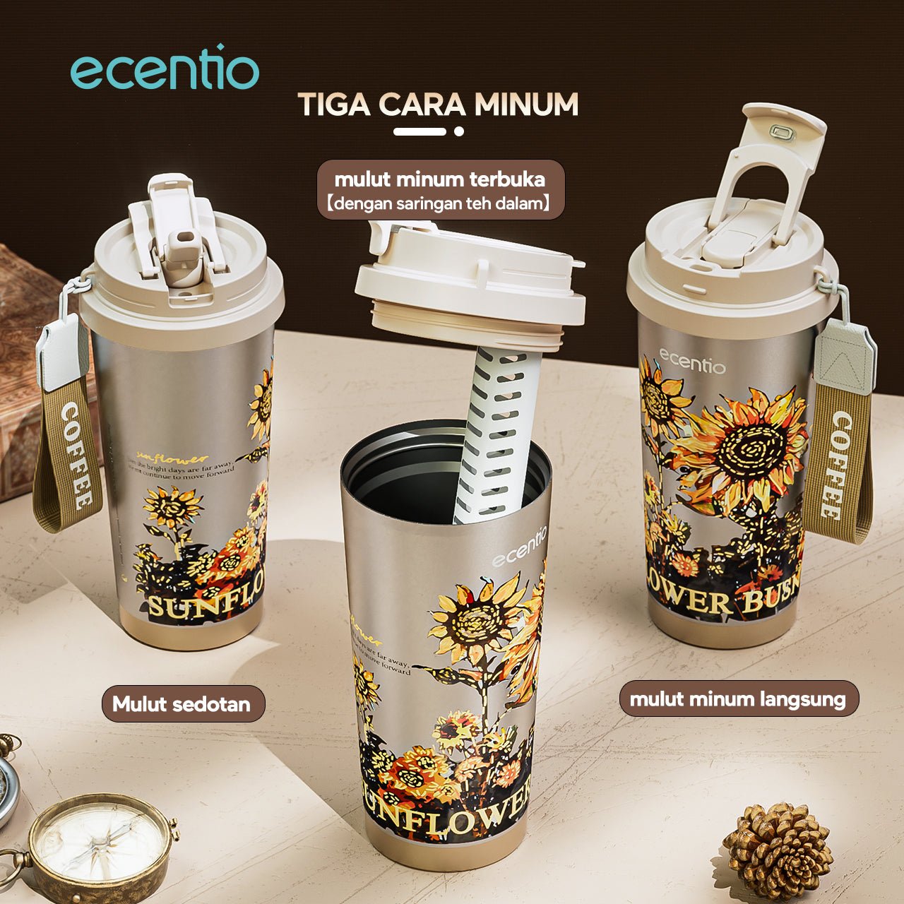 【🌟Pre-Order】ecentio Premium Double-Walled Titanium Bottle Titanium Cup 500ml — Edisi Spesial Van Gogh “Sunflower”