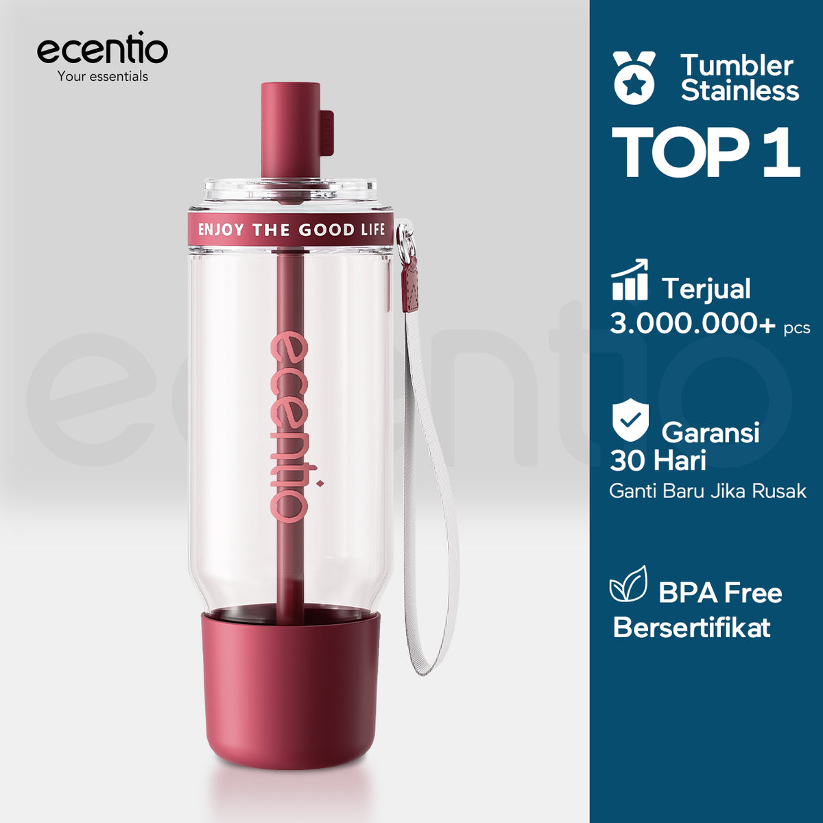 【Promo Internal】ecentio botol minum 750ml/950ml Portable aesthetic BPA Free Olahraga bottle tail benning Anti Bocor botol plastik dengan saringan teh botol minum anak laki botol