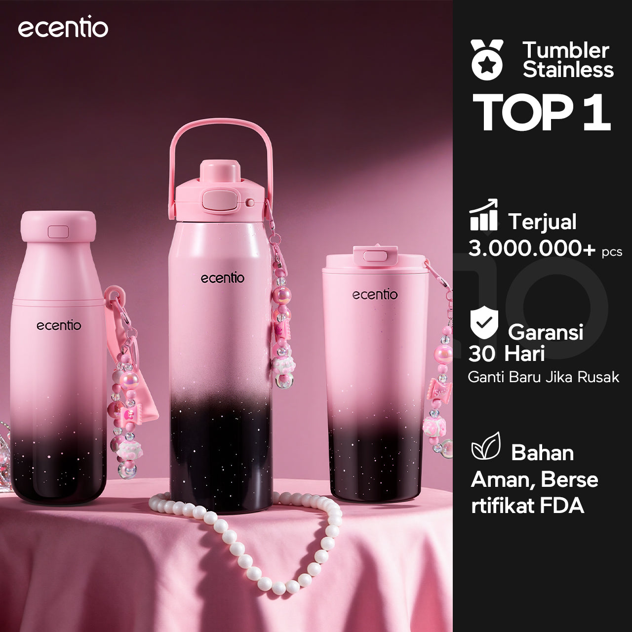 ecentio Tumbler Stainless Portable Botol Minum Aesthetic Anti Bocor 510ml 530ml 1000ml Dingin Tahan Lama 24 Jam Hangat hingga 14 Jam Starry Gradient Series untuk Harian Kantor Sekolah
