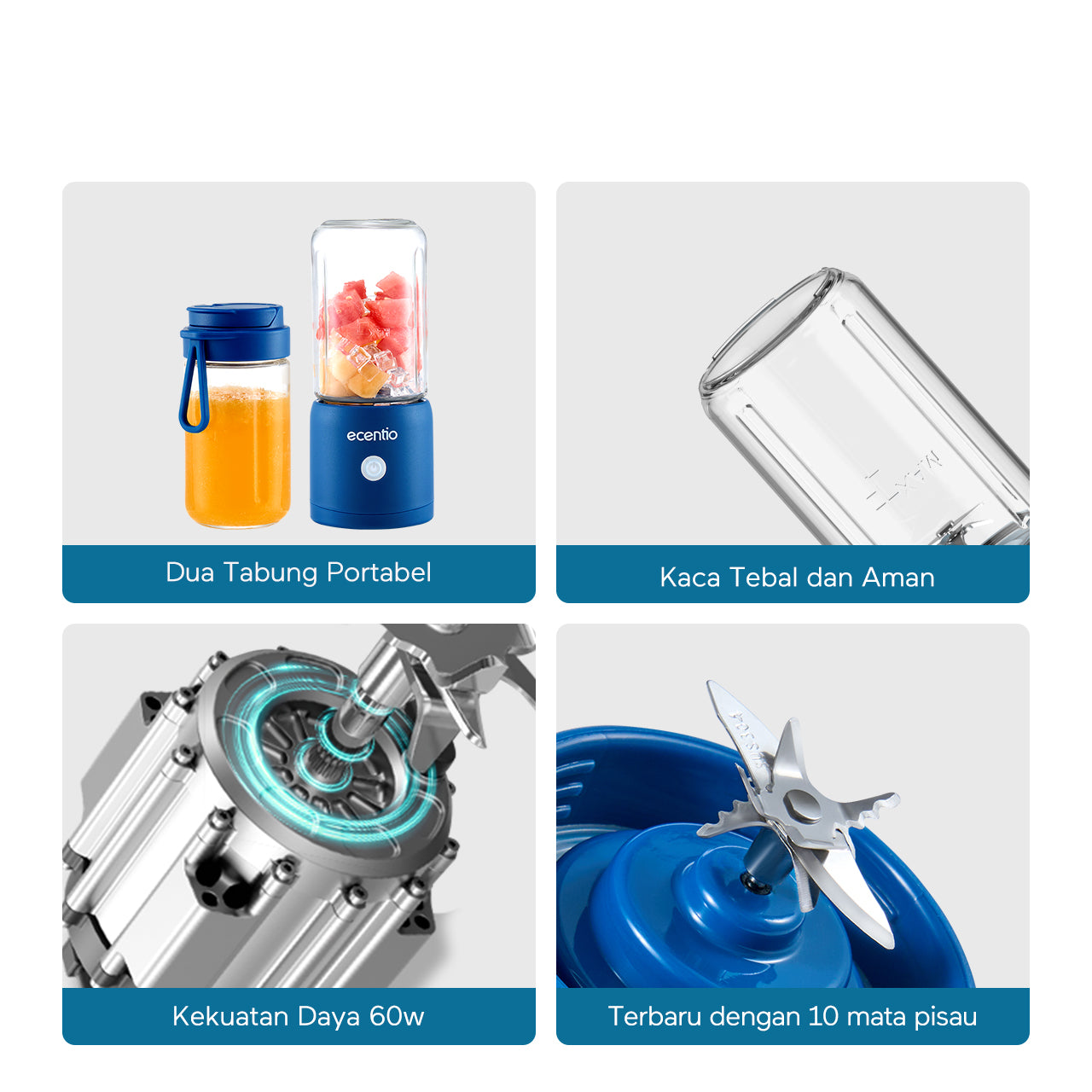 ecentio blender 10 pisau juicer Kaca Tebal 2 Cup mini portable dengan sedotan 380ml+380ml