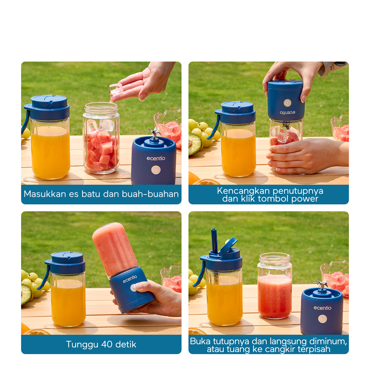 ecentio blender 10 pisau juicer Kaca Tebal 2 Cup mini portable dengan sedotan 380ml+380ml