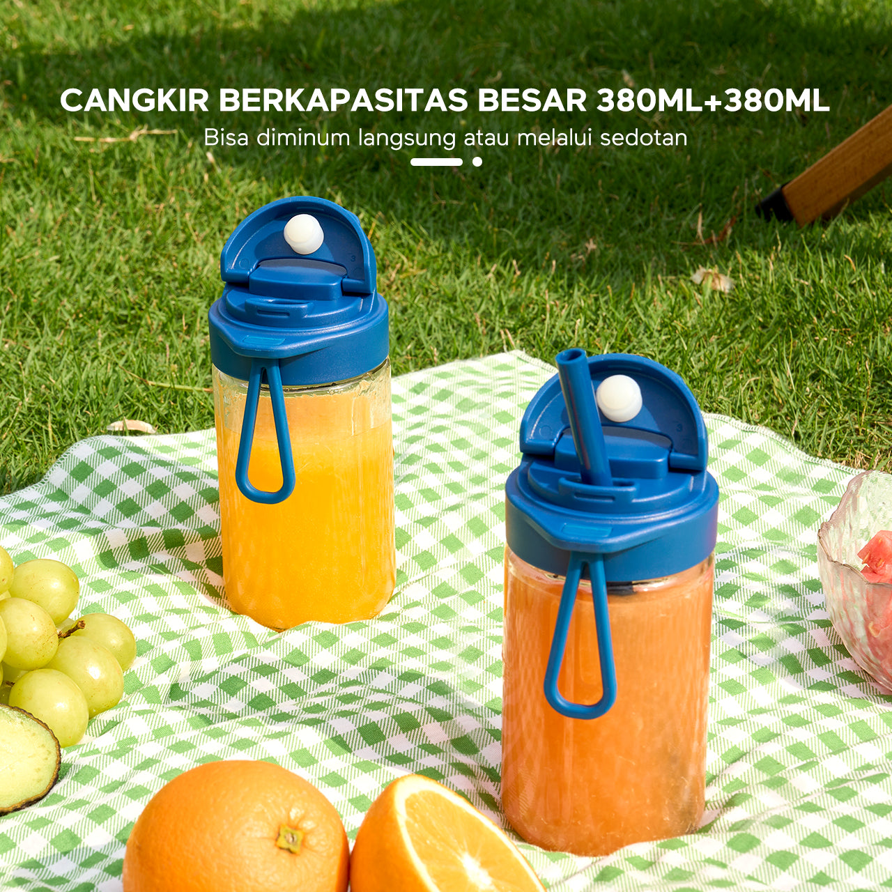 ecentio blender 10 pisau juicer Kaca Tebal 2 Cup mini portable dengan sedotan 380ml+380ml