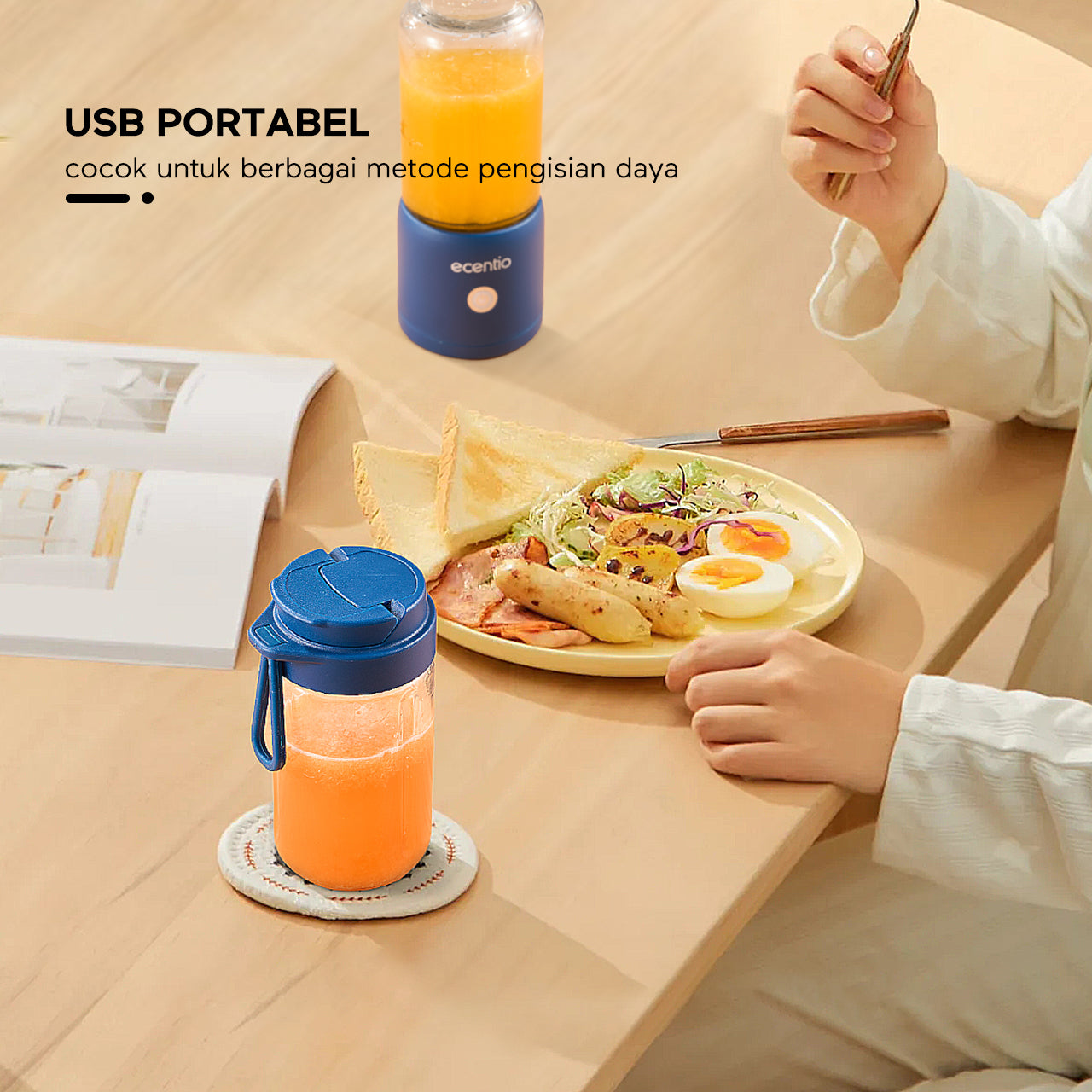 ecentio blender 10 pisau juicer Kaca Tebal 2 Cup mini portable dengan sedotan 380ml+380ml