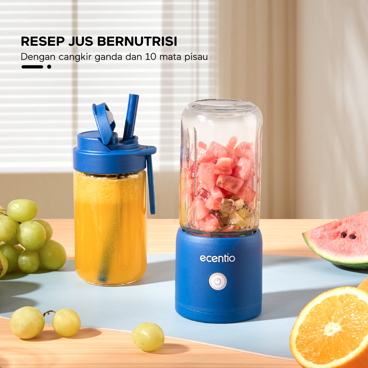 ecentio blender 10 pisau juicer Kaca Tebal 2 Cup mini portable dengan sedotan 380ml+380ml