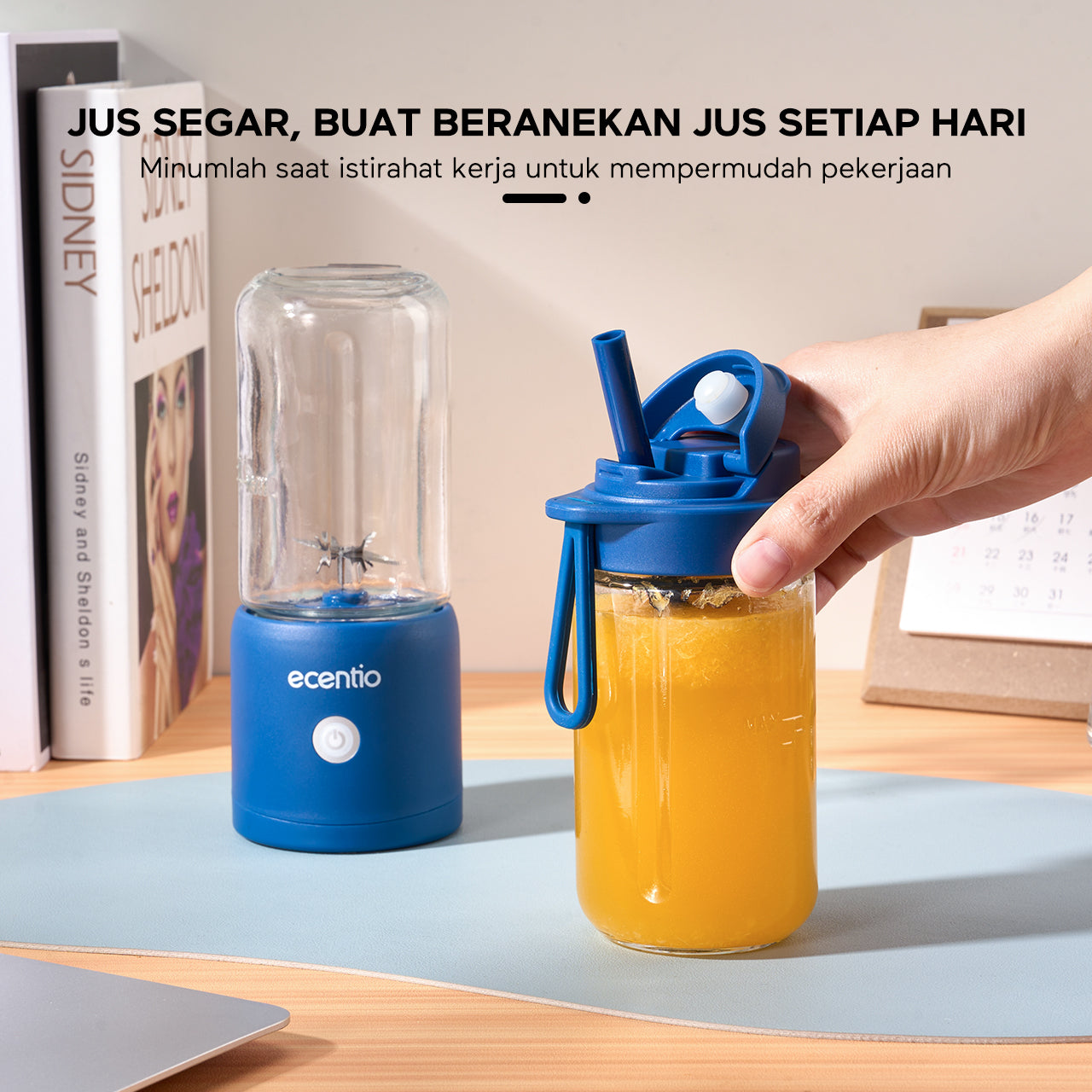 ecentio blender 10 pisau juicer Kaca Tebal 2 Cup mini portable dengan sedotan 380ml+380ml