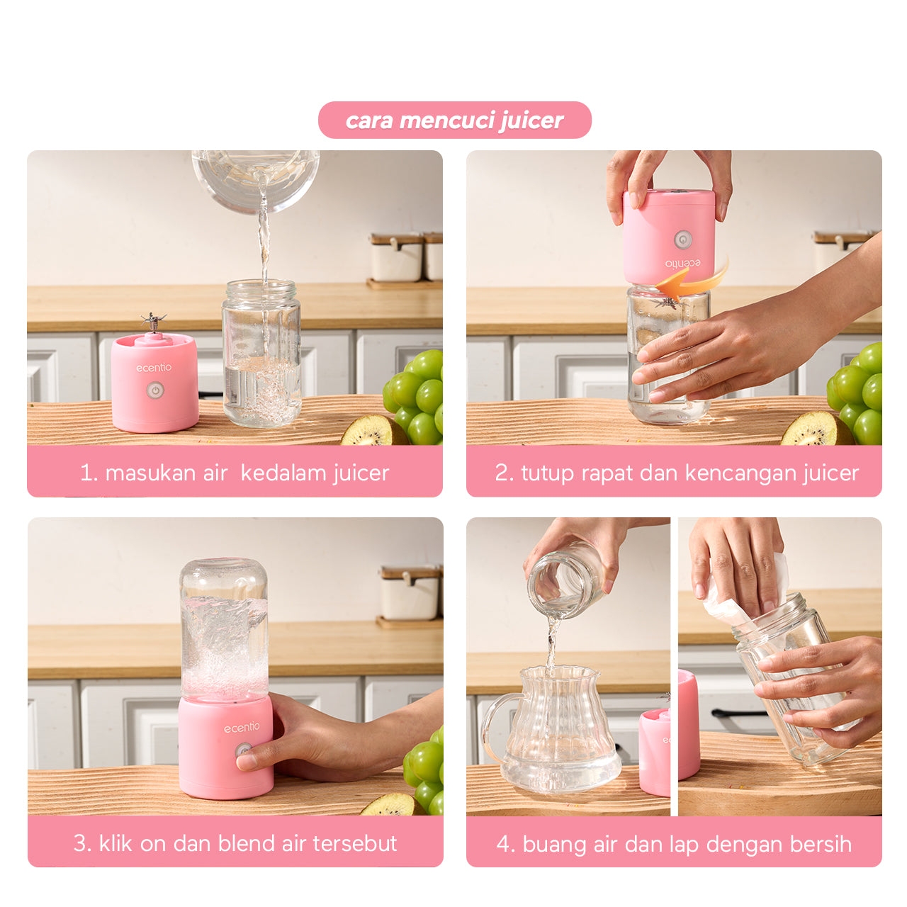 ecentio juicer blender 10 pisau juicer Kaca Tebal 2 Cup mini portable dengan sedotan 380ml+380ml