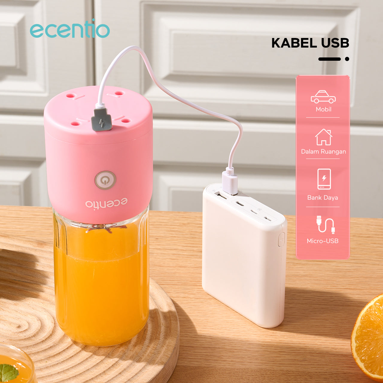 ecentio juicer blender 10 pisau juicer Kaca Tebal 2 Cup mini portable dengan sedotan 380ml+380ml