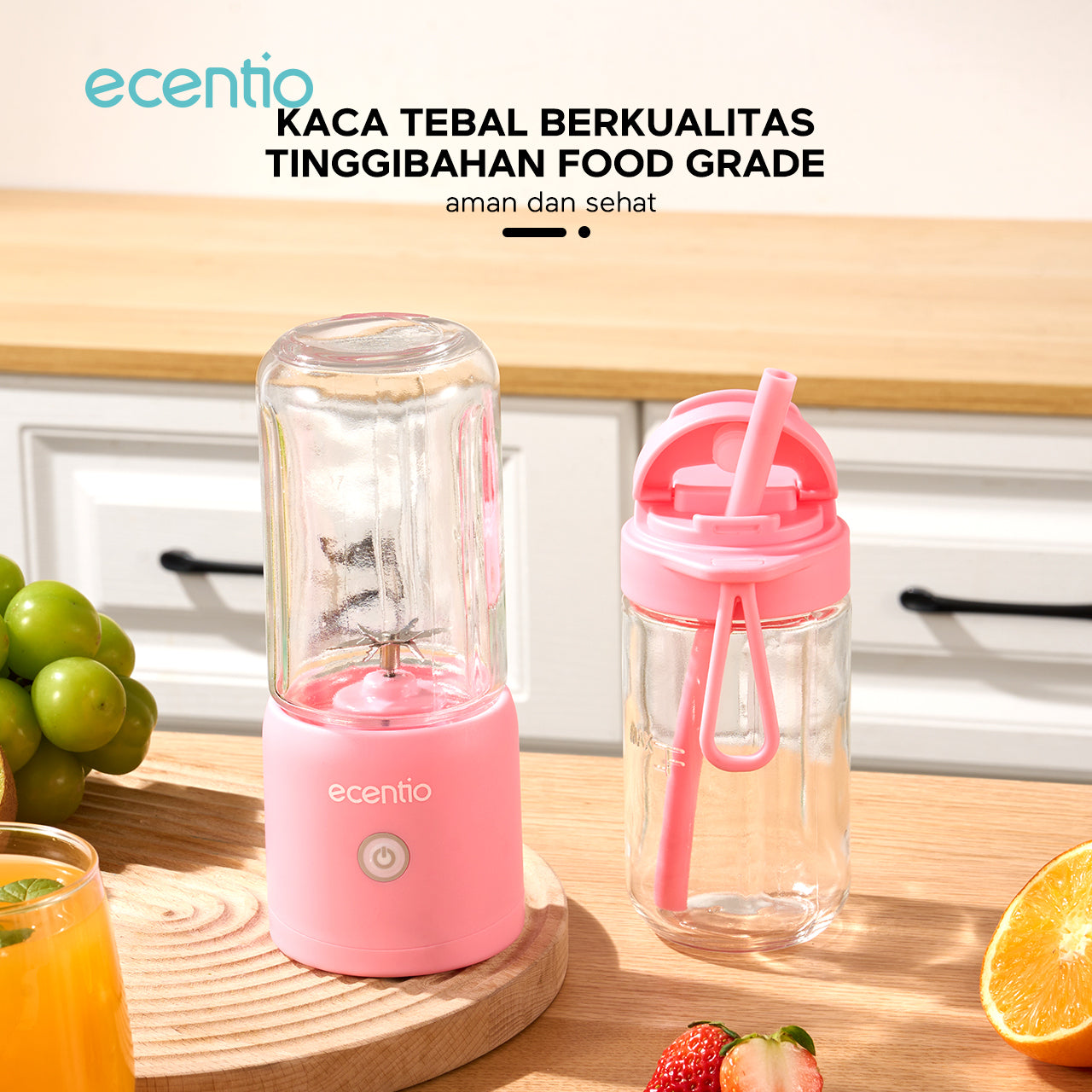 ecentio juicer blender 10 pisau juicer Kaca Tebal 2 Cup mini portable dengan sedotan 380ml+380ml