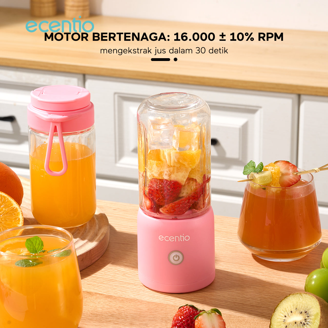 ecentio juicer blender 10 pisau juicer Kaca Tebal 2 Cup mini portable dengan sedotan 380ml+380ml