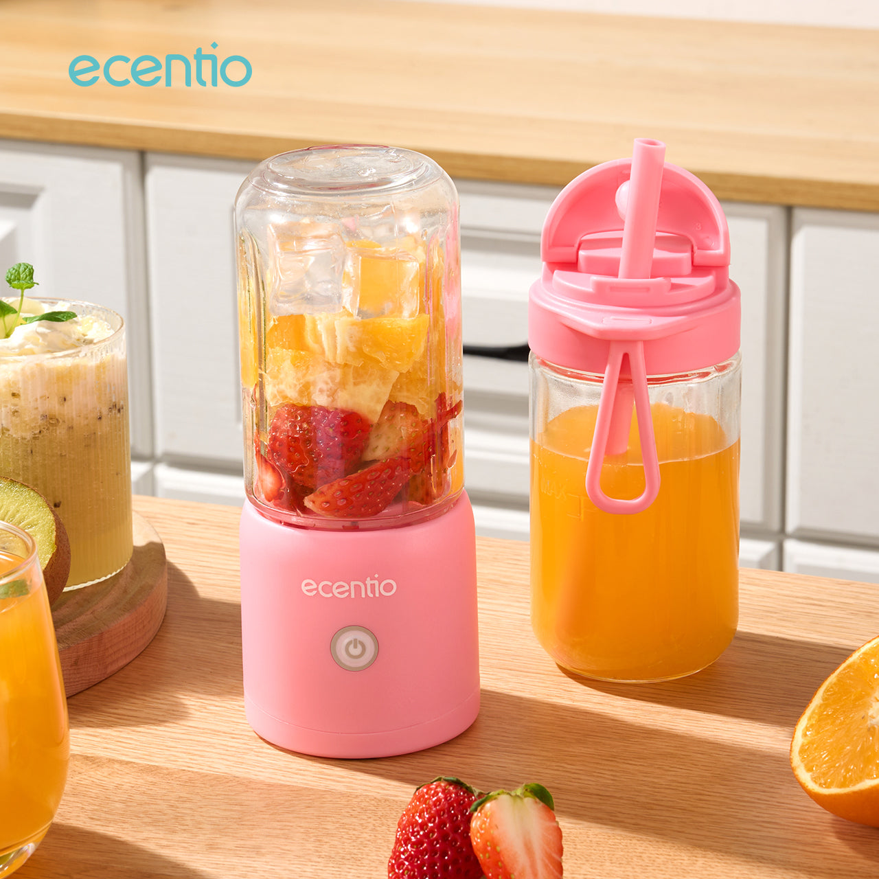 ecentio juicer blender 10 pisau juicer Kaca Tebal 2 Cup mini portable dengan sedotan 380ml+380ml
