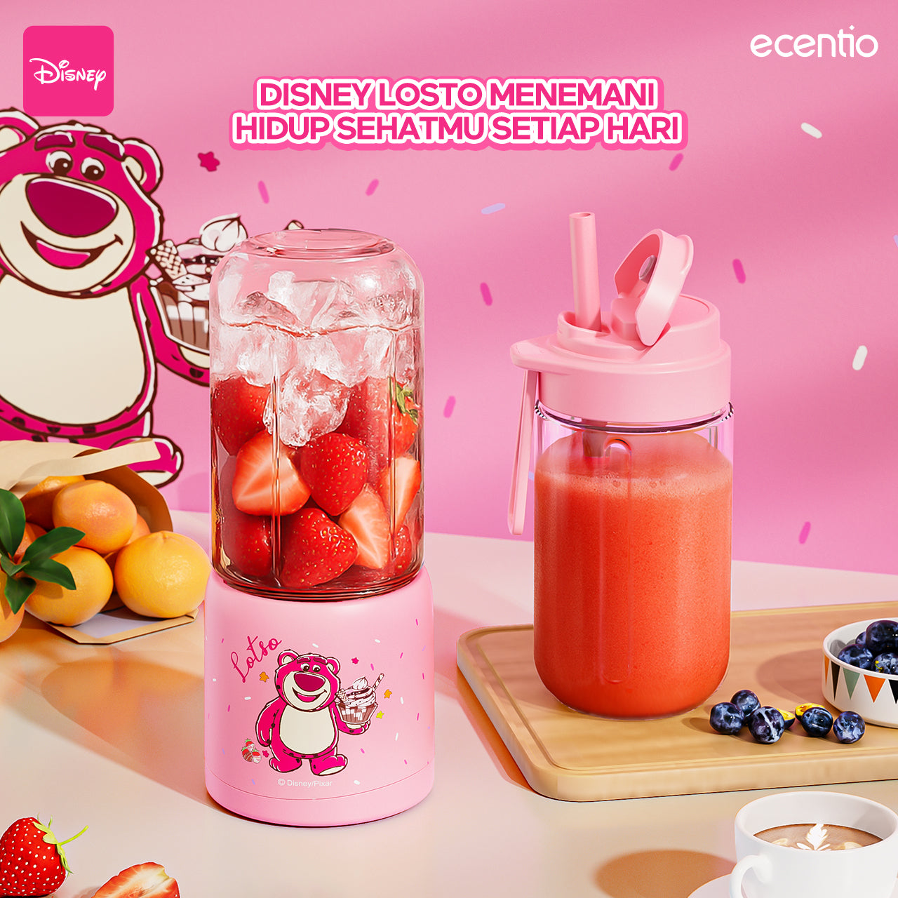 【ORI】ecentio X TOY story juicer blender disney lotso 10 pisau juicer Kaca Tebal 2 Cup mini portable dengan sedotan 380ml+380ml
