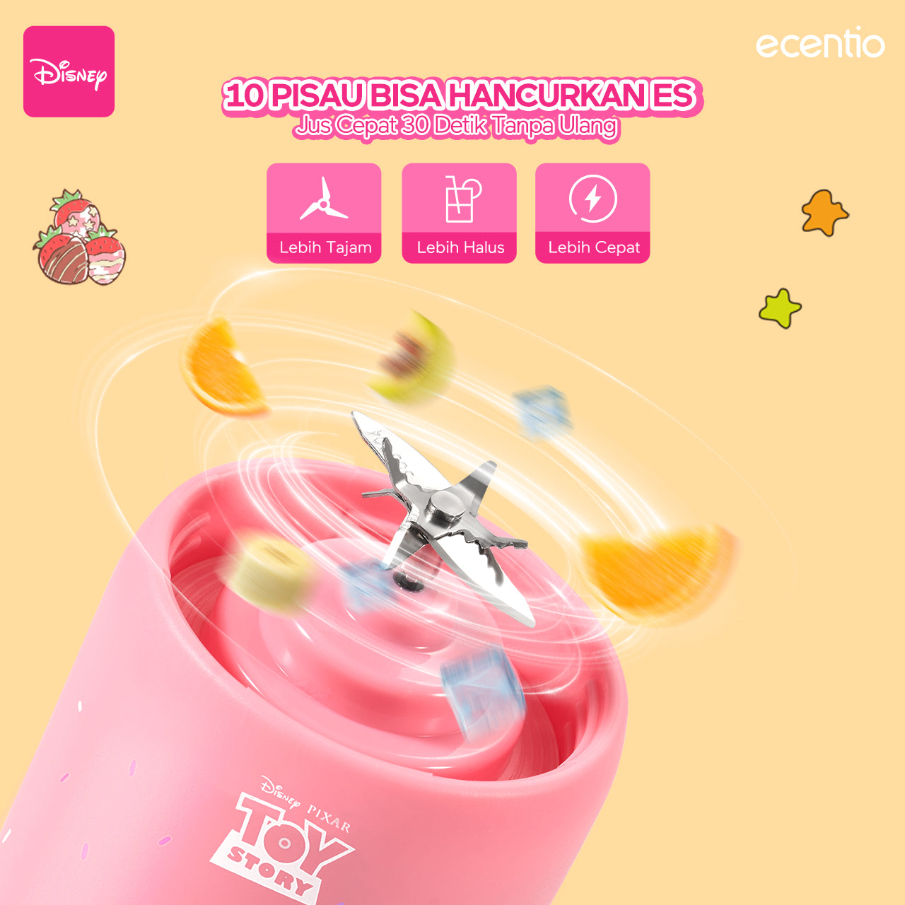 【ORI】ecentio X TOY story juicer blender disney lotso 10 pisau juicer Kaca Tebal 2 Cup mini portable dengan sedotan 380ml+380ml