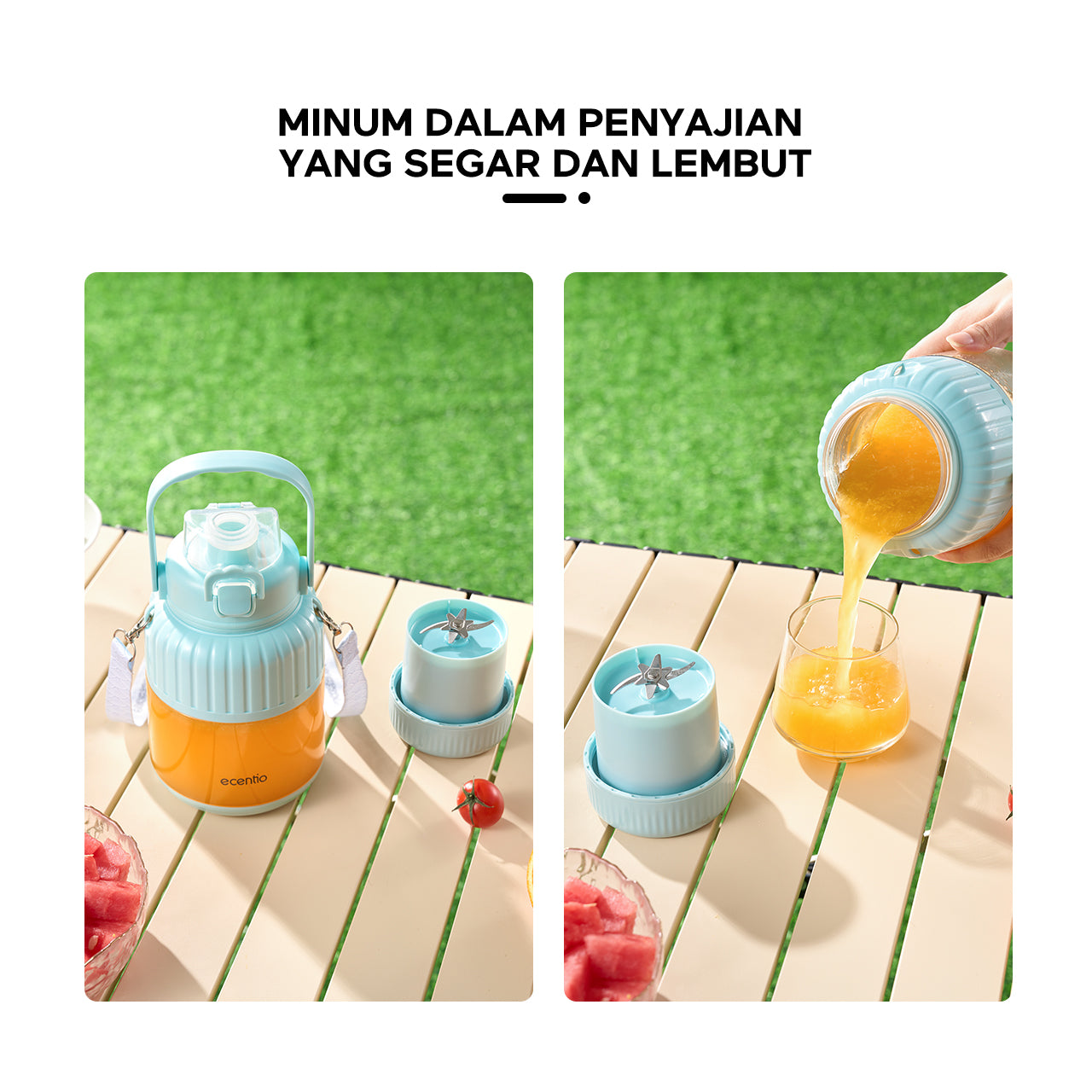 Blender ecentio 950ml dengan Ganda Penutup, Sedotan, dan Pegangan (10 Pisau) Biru