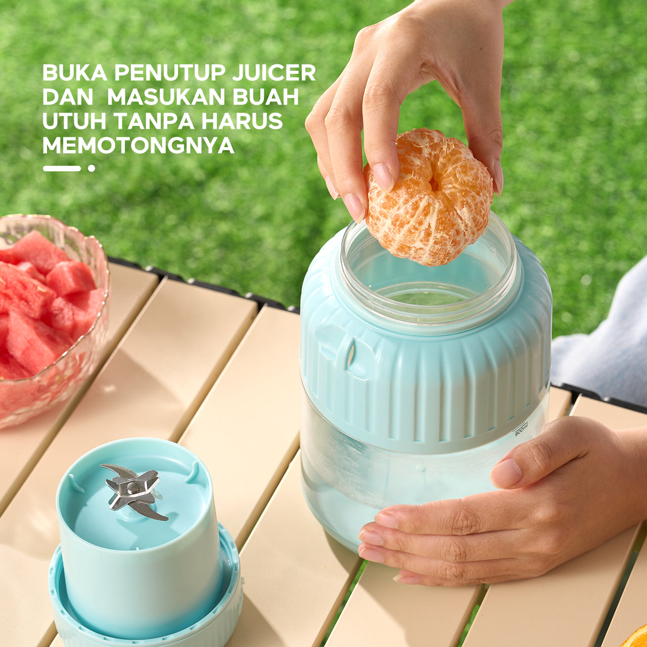 Blender ecentio 950ml dengan Ganda Penutup, Sedotan, dan Pegangan (10 Pisau) Biru