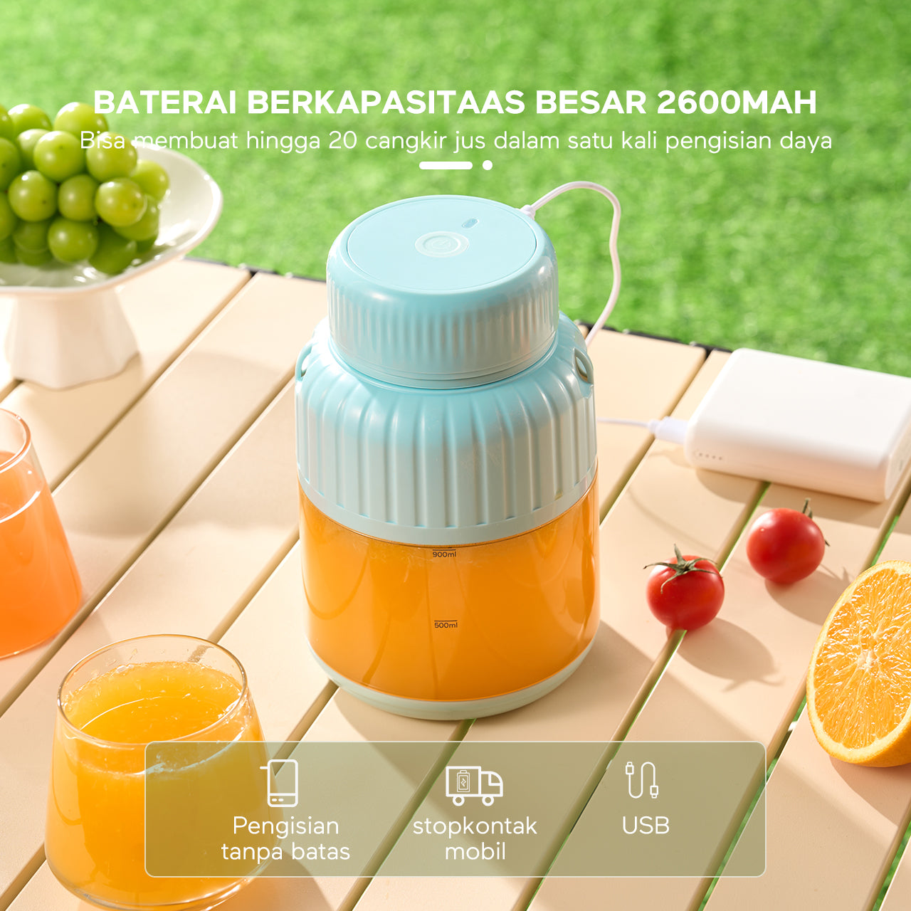 Blender ecentio 950ml dengan Ganda Penutup, Sedotan, dan Pegangan (10 Pisau) Biru