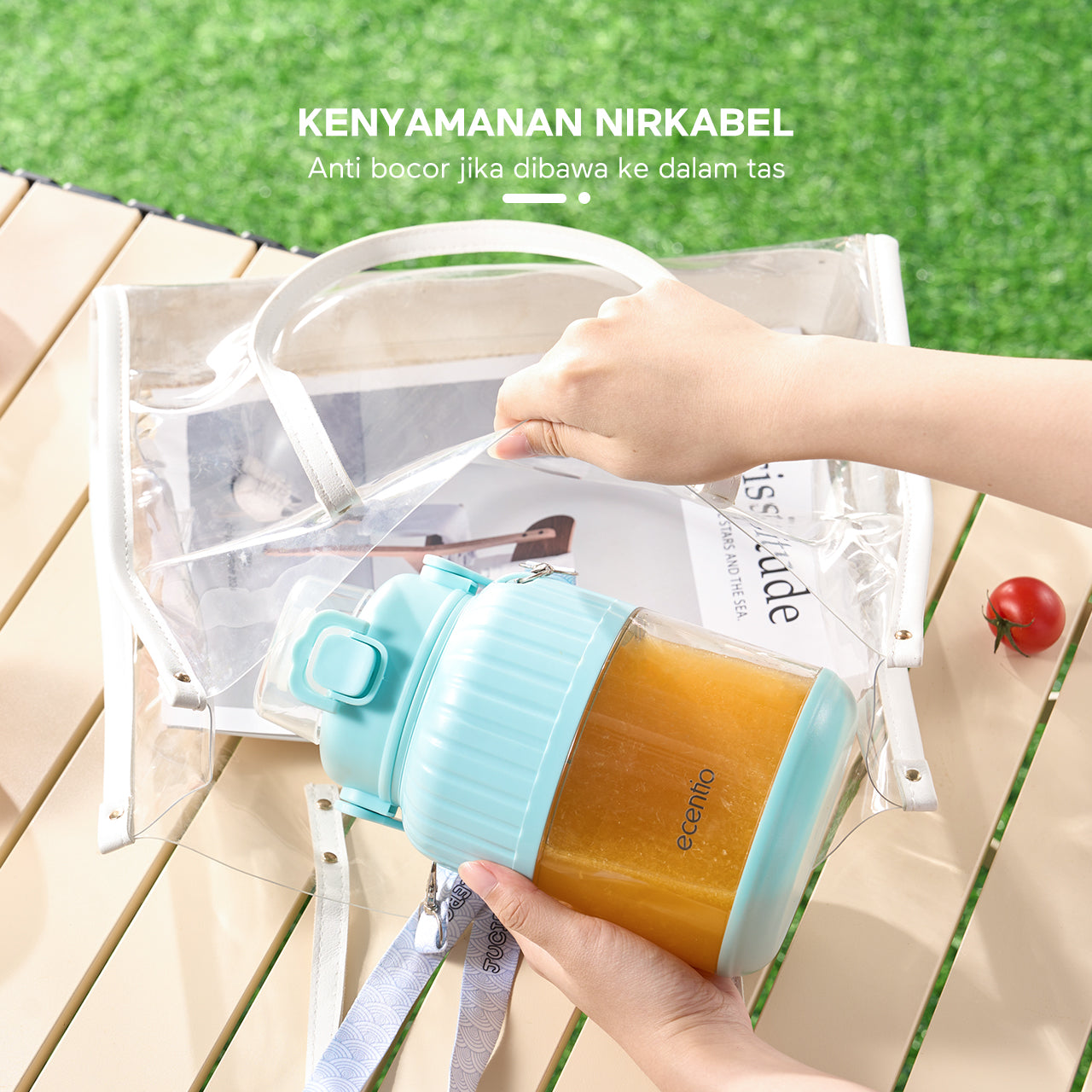 Blender ecentio 950ml dengan Ganda Penutup, Sedotan, dan Pegangan (10 Pisau) Biru