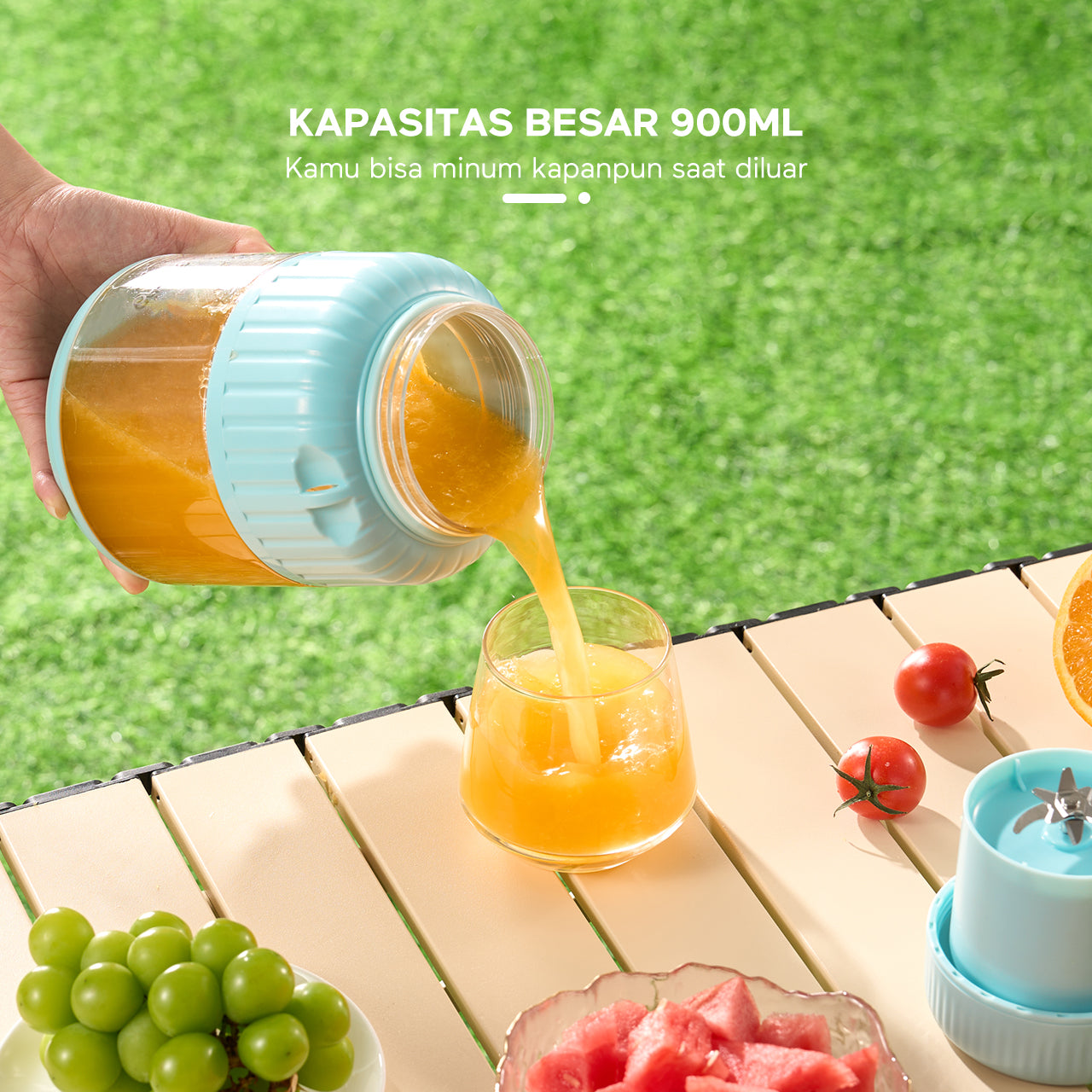 Blender ecentio 950ml dengan Ganda Penutup, Sedotan, dan Pegangan (10 Pisau) Biru