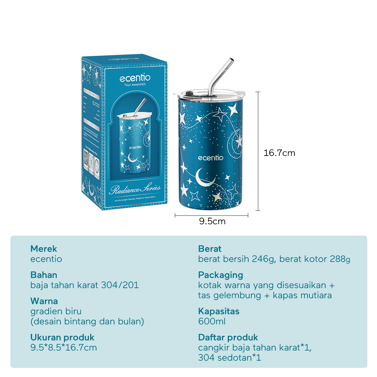 ecentio lunch box Kotak Bekal Makan cangkir Set+Piala Stainless Steel ecentio Brilliant Series 600ml