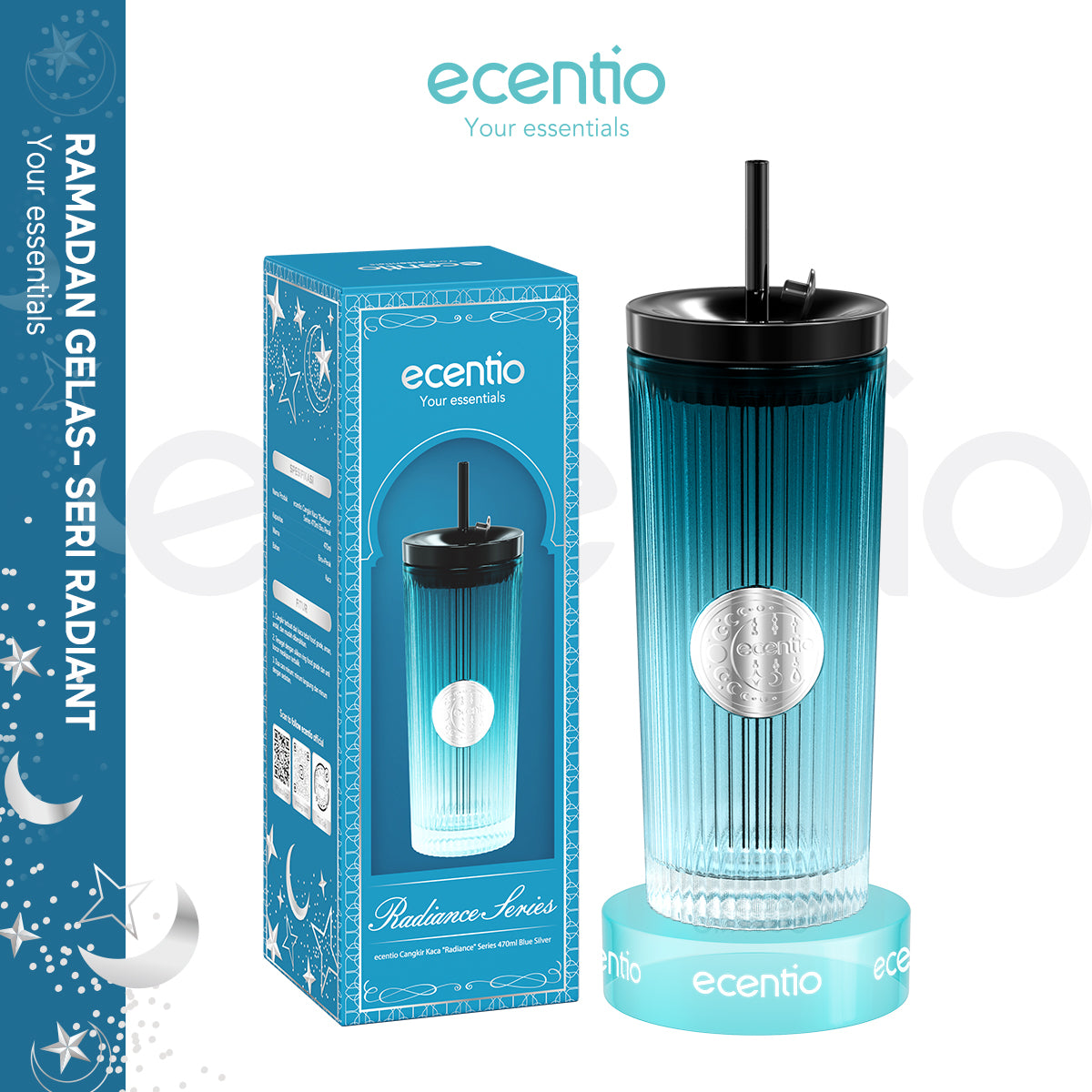 Ramadan Tumblr Gelas Kaca Perak Seri Radiant+Piala Stainless Steel ecentio Brilliant Series 600ml