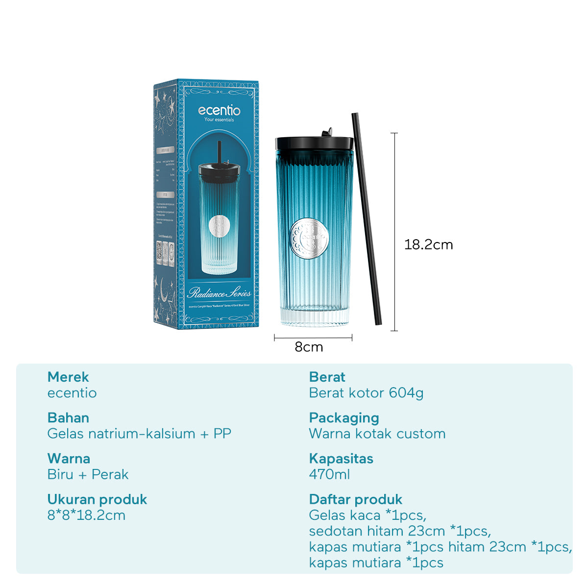 ecentio Ramadan Tumblr Gelas Kaca Perak Seri Radiant 470ml Botol Minum - ecentio