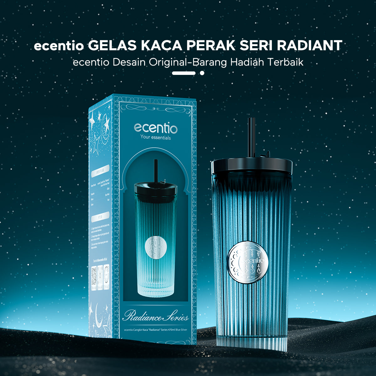 Ramadan Tumblr Gelas Kaca Perak Seri Radiant+Piala Stainless Steel ecentio Brilliant Series 600ml