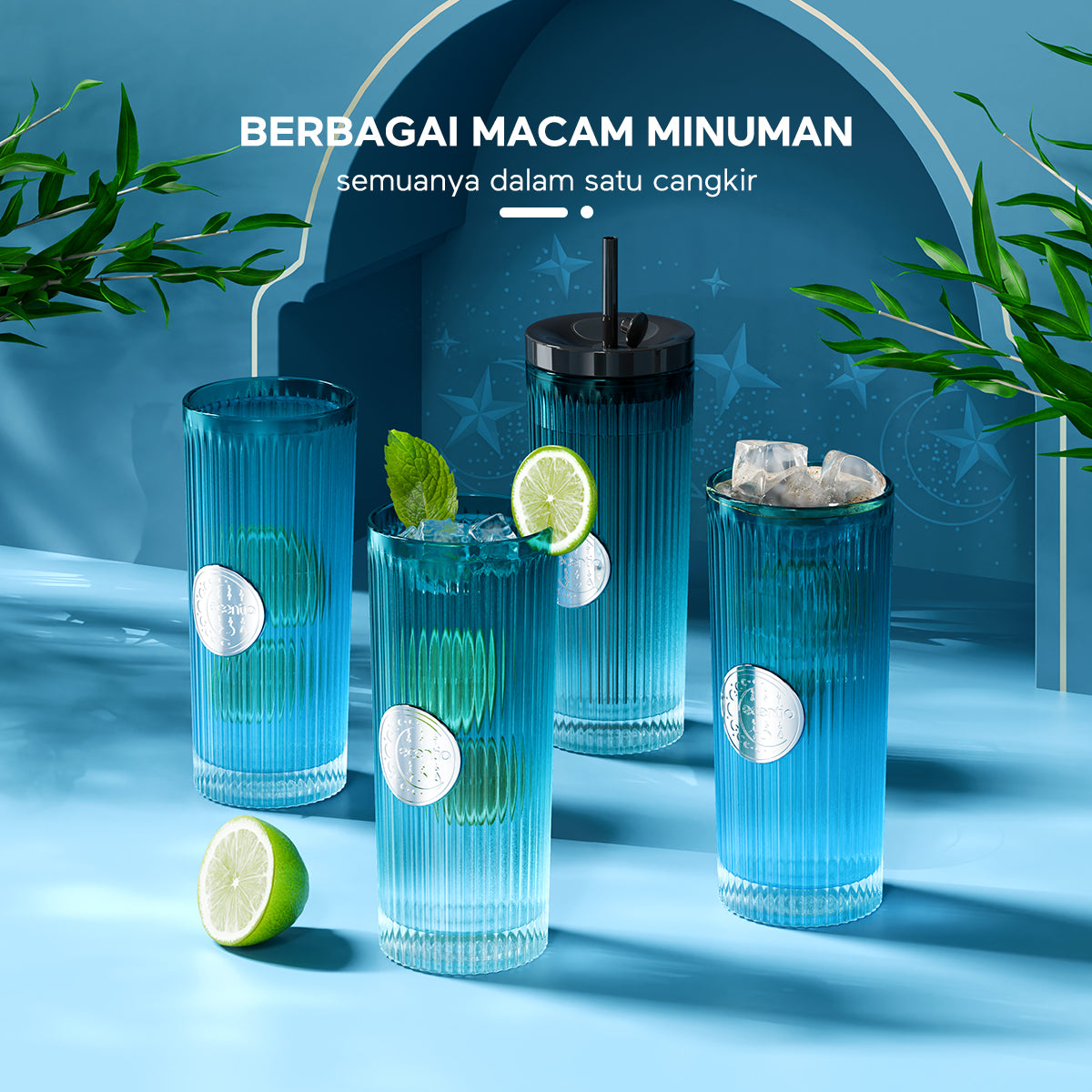 Ramadan Tumblr Gelas Kaca Perak Seri Radiant+Piala Stainless Steel ecentio Brilliant Series 600ml