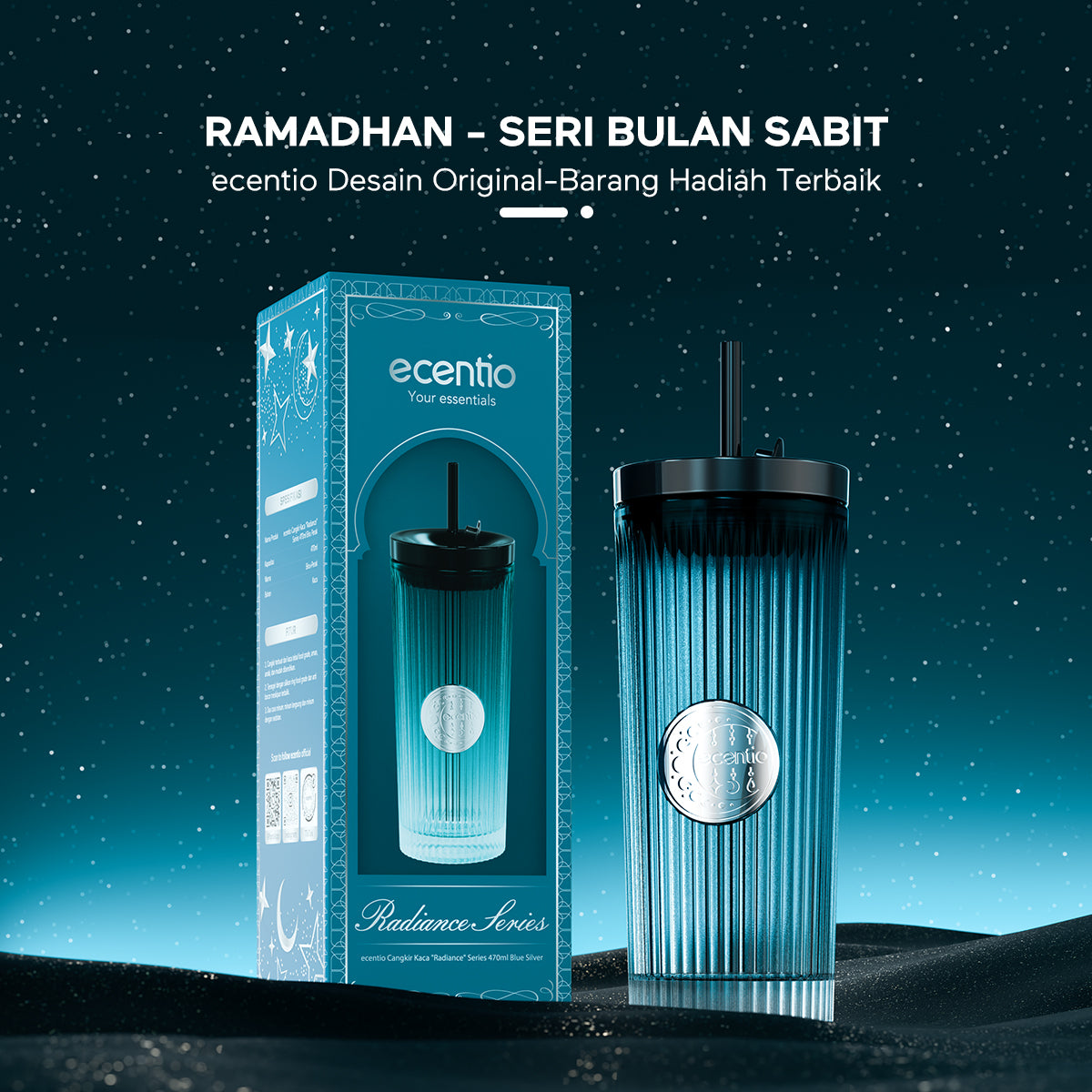 ecentio Ramadan Tumblr Gelas Kaca Perak Seri Radiant 470ml Botol Minum - ecentio