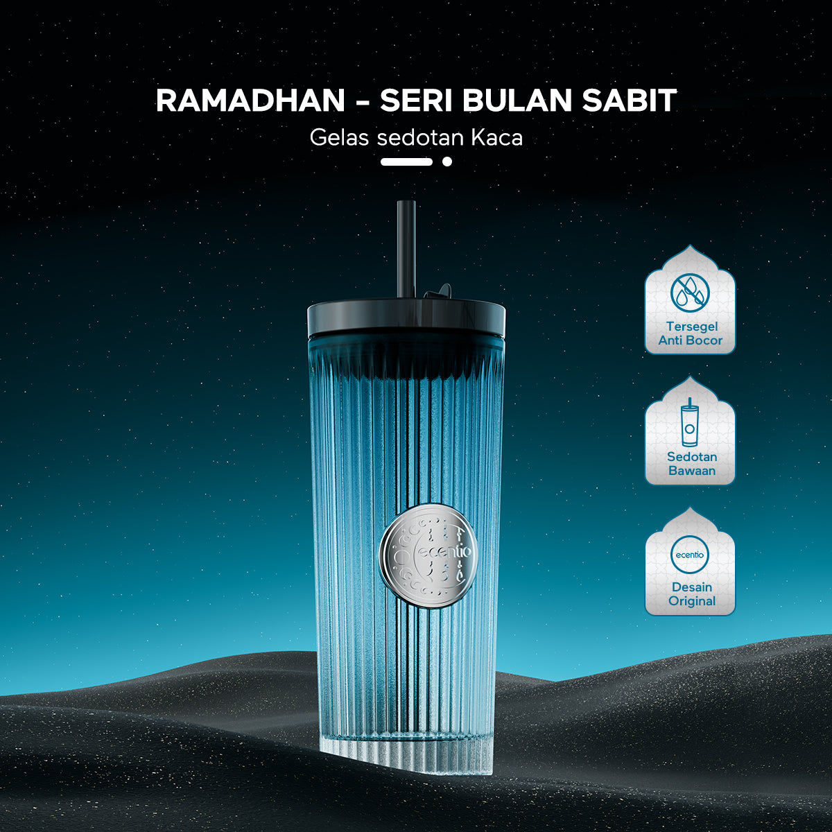 ecentio Ramadan Tumblr Gelas Kaca Perak Seri Radiant 470ml Botol Minum - ecentio