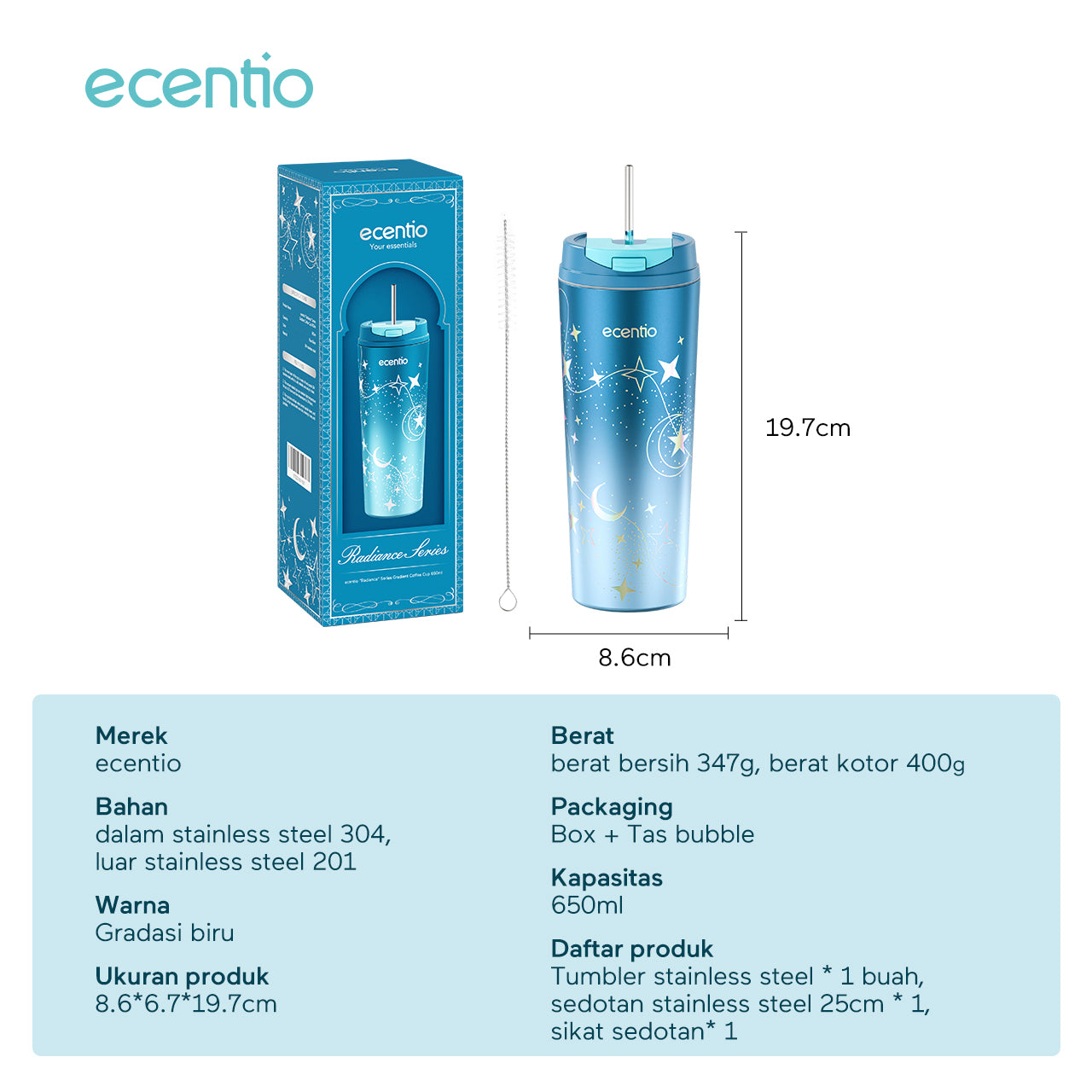ecentio tumbler coffee seri bersinar dengan gradasi warna 650ml