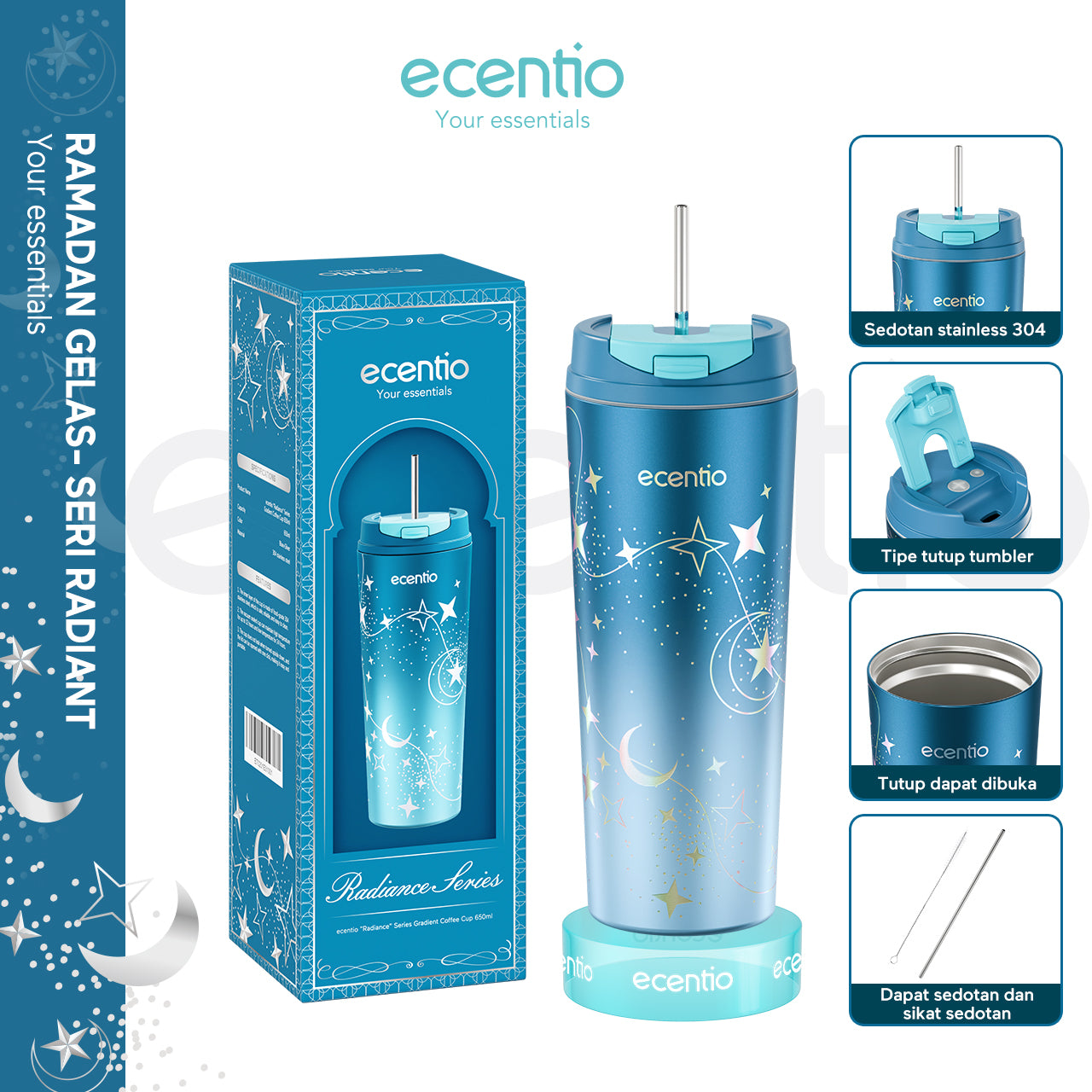 ecentio tumbler coffee seri bersinar dengan gradasi warna 650ml