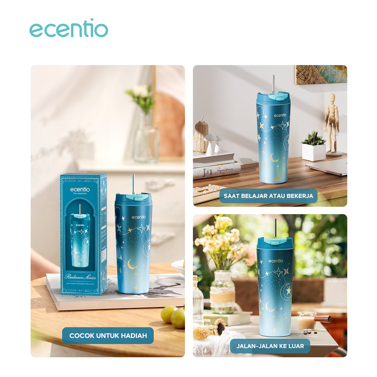 ecentio tumbler coffee seri bersinar dengan gradasi warna 650ml