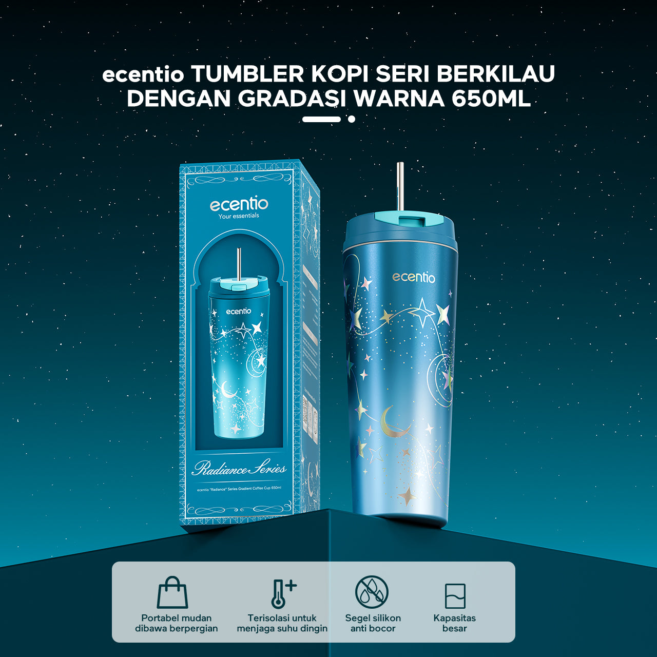 ecentio tumbler coffee seri bersinar dengan gradasi warna 650ml