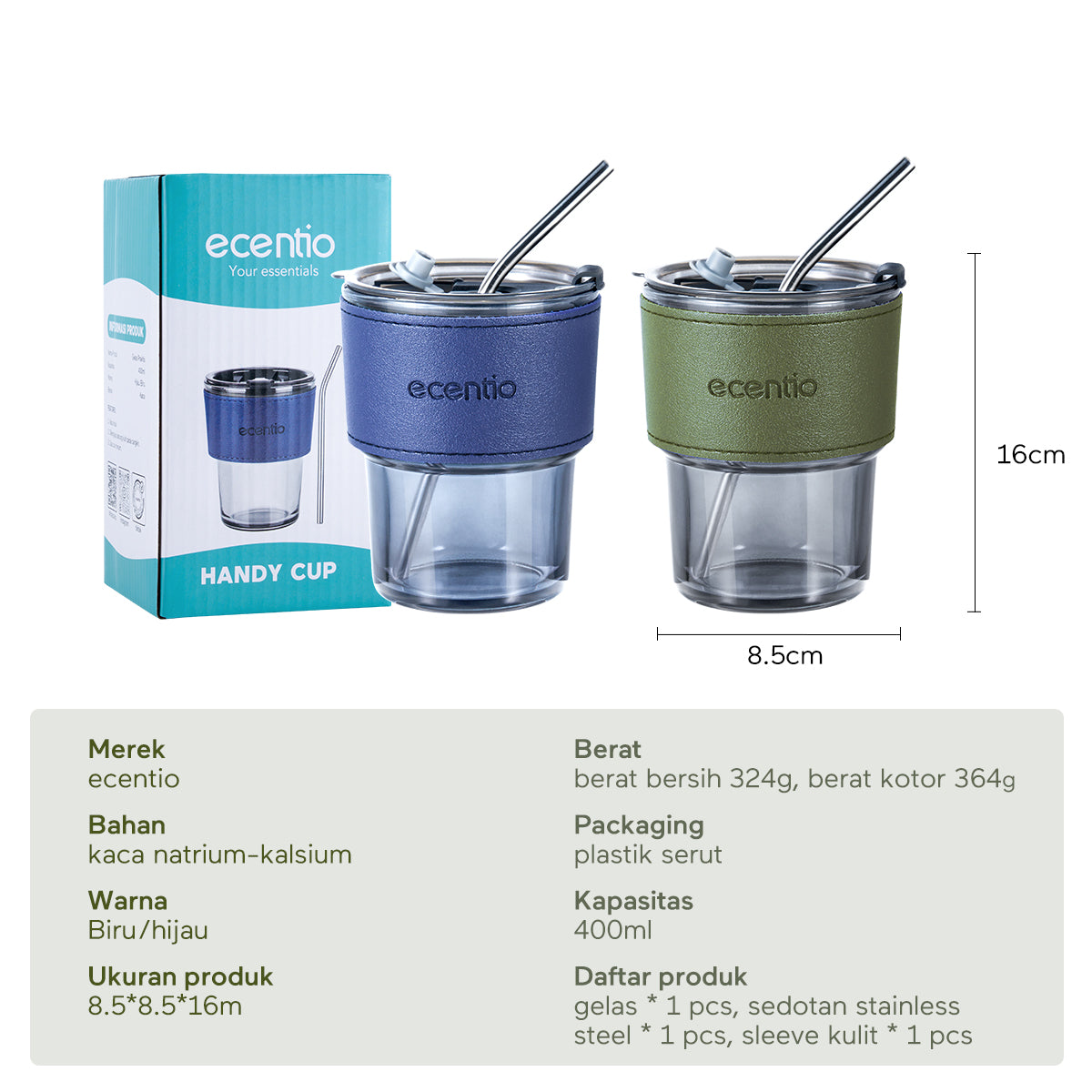 【Gratis hadiah】ecentio Botol Minum Gelas kaca Cangkir kopi Mug Coffee Cup 400ml
