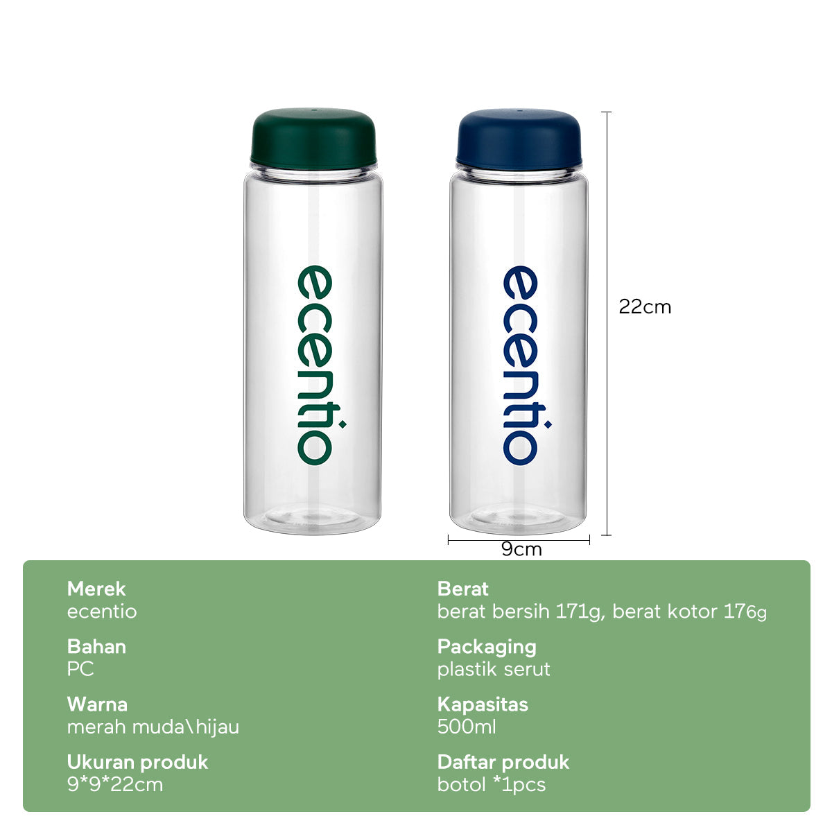 ecentio Tumbler bening Botol Air Minum 500ml - ecentio