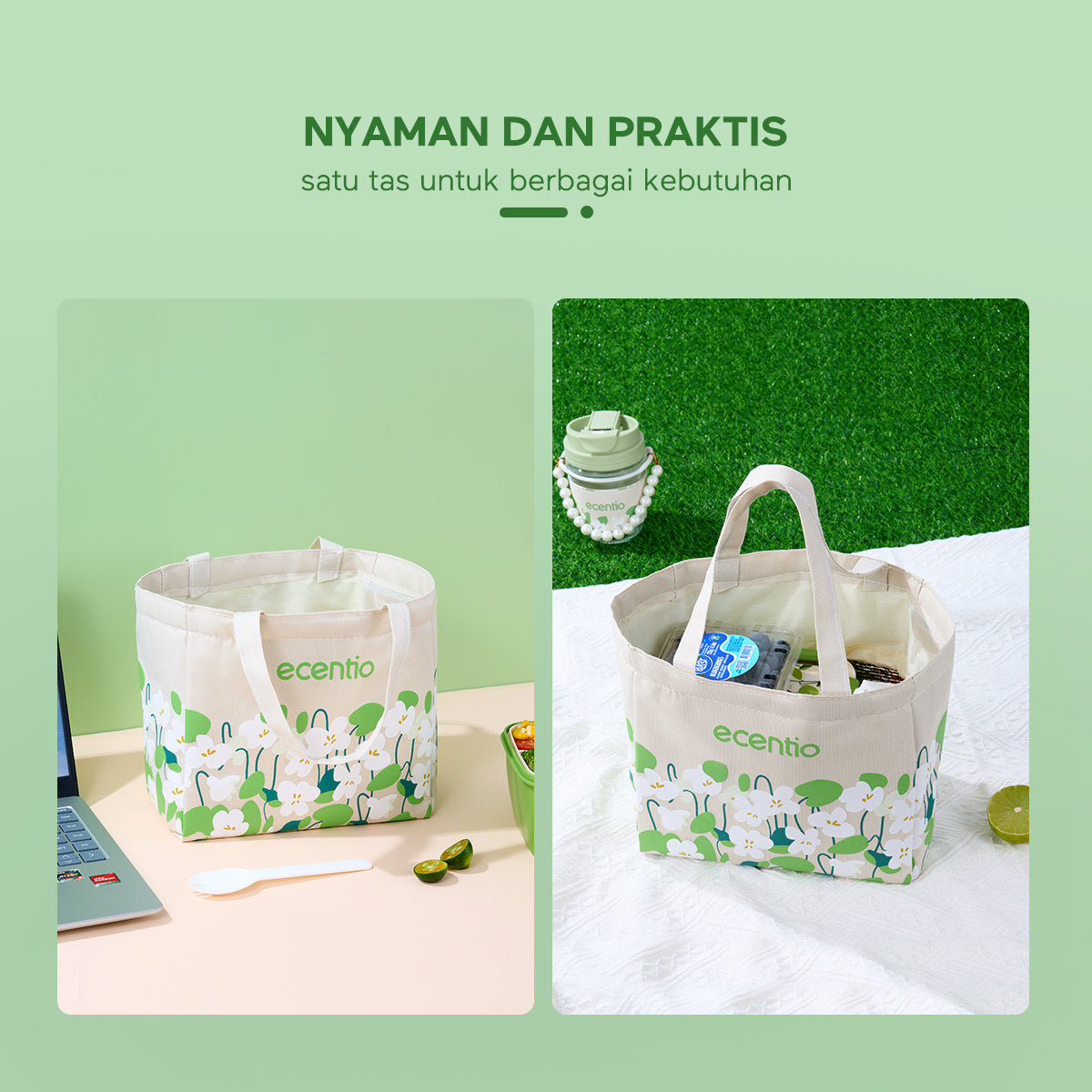 ecentio "Green whispers" lunch bag tas bekal kotak tahan panas lunch cooler bag