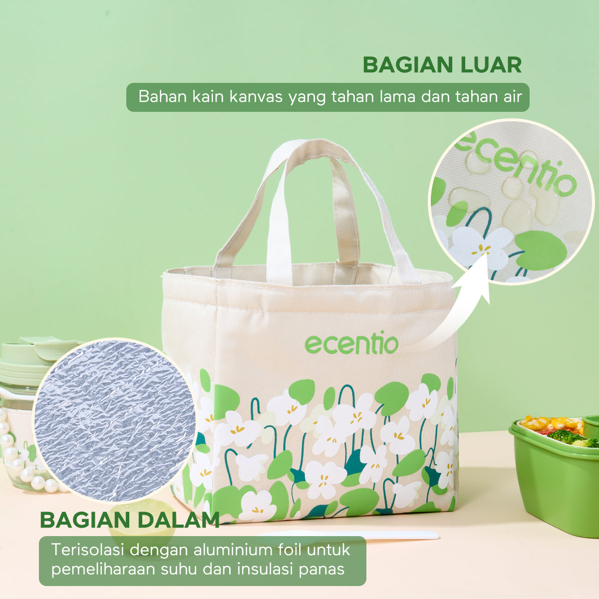 ecentio "Green whispers" lunch bag tas bekal kotak tahan panas lunch cooler bag
