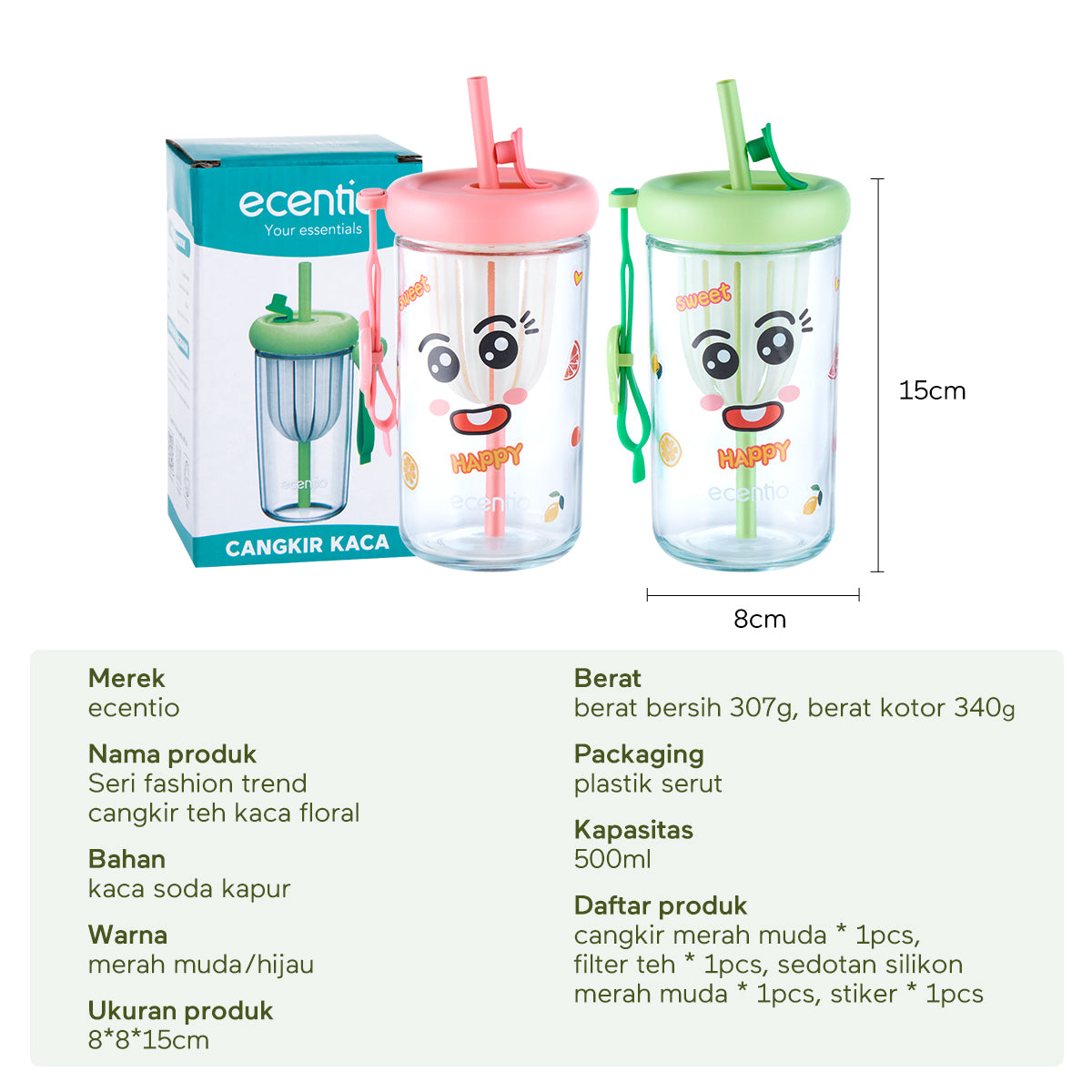 ecentio Botol Minum Tumbler Cangkir kaca Gelas stiker Gelas Minuman 500ml - ecentio