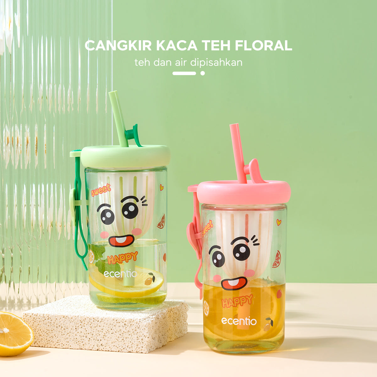 ecentio Botol Minum Tumbler Cangkir kaca Gelas stiker Gelas Minuman 500ml - ecentio