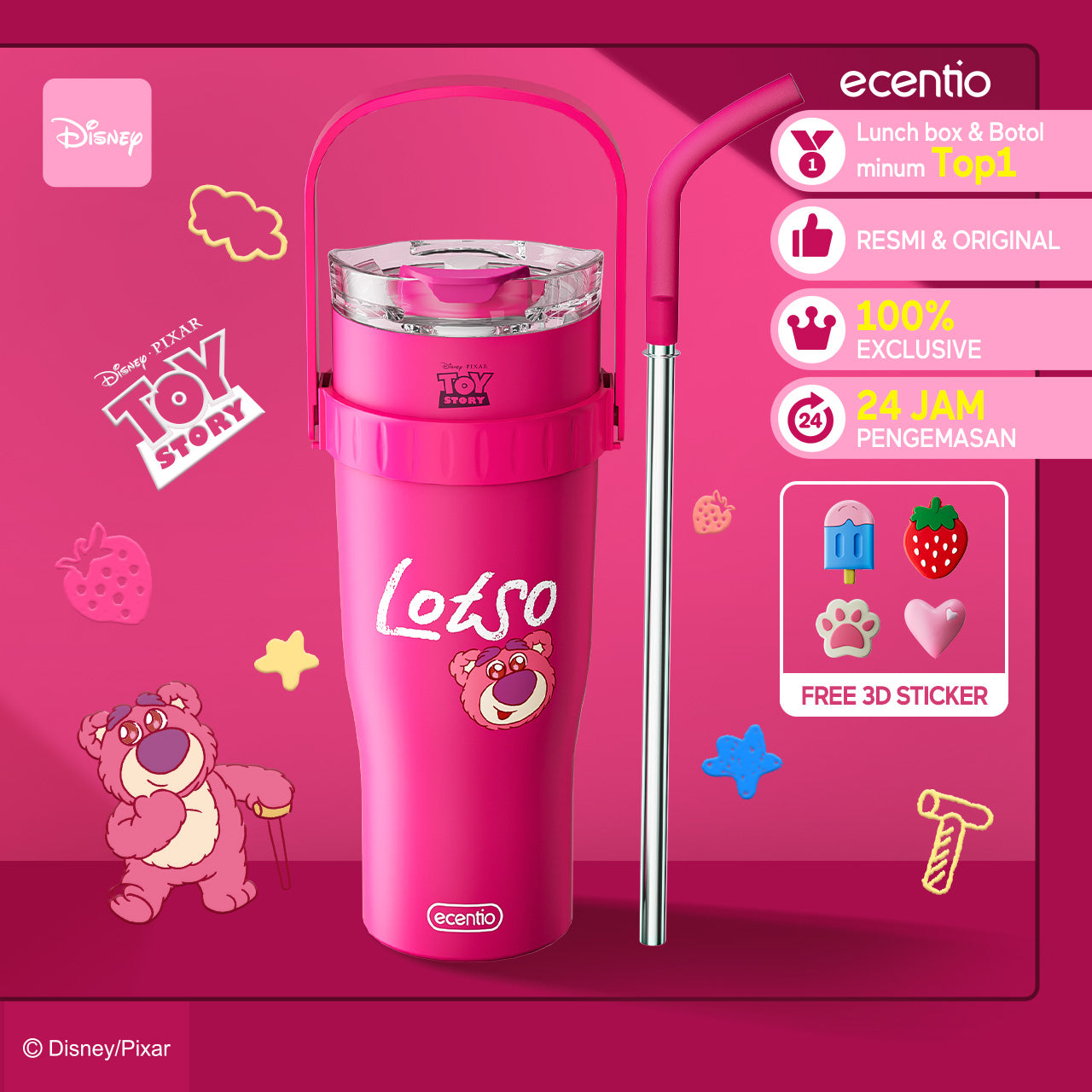 【Beli 2 Diskon 10%】ecentio Tumbler Stainless Steel Botol Minum Besar 900ml-1.2L - Pilihan Disney Lotso & Spider-Man, Tahan Dingin 24 Jam, Bebas BPA