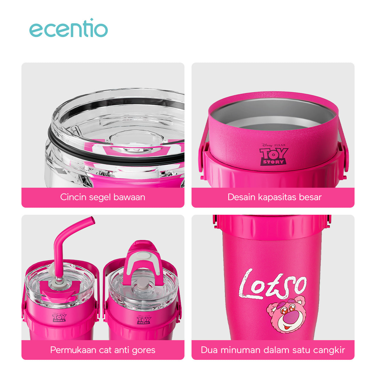 【Original】ecentio Tumbler Disney Lotso 1.2L Tahan Dingin 24 Jam Sedotan & Dudukan Ponsel Bonus Stiker 3D DIY